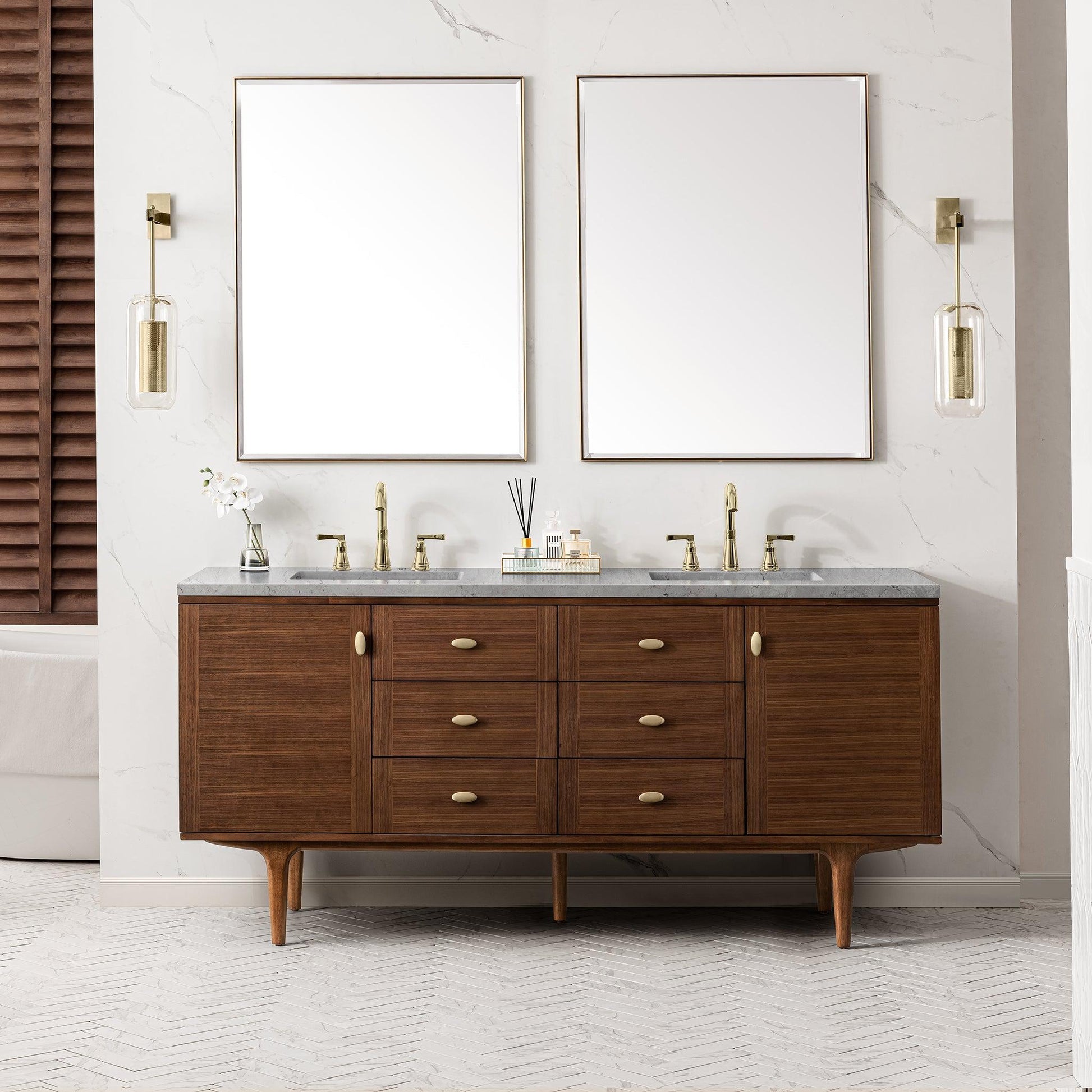 James Martin Vanities Amberly 72" Mid-Century Walnut Double Vanity With 3cm Eternal Jasmine Pearl Top