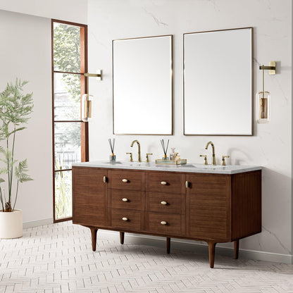 James Martin Vanities Amberly 72" Mid-Century Walnut Double Vanity With 3cm Eternal Jasmine Pearl Top