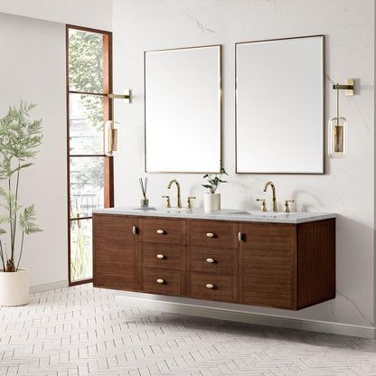 James Martin Vanities Amberly 72" Mid-Century Walnut Double Vanity With 3cm Eternal Jasmine Pearl Top