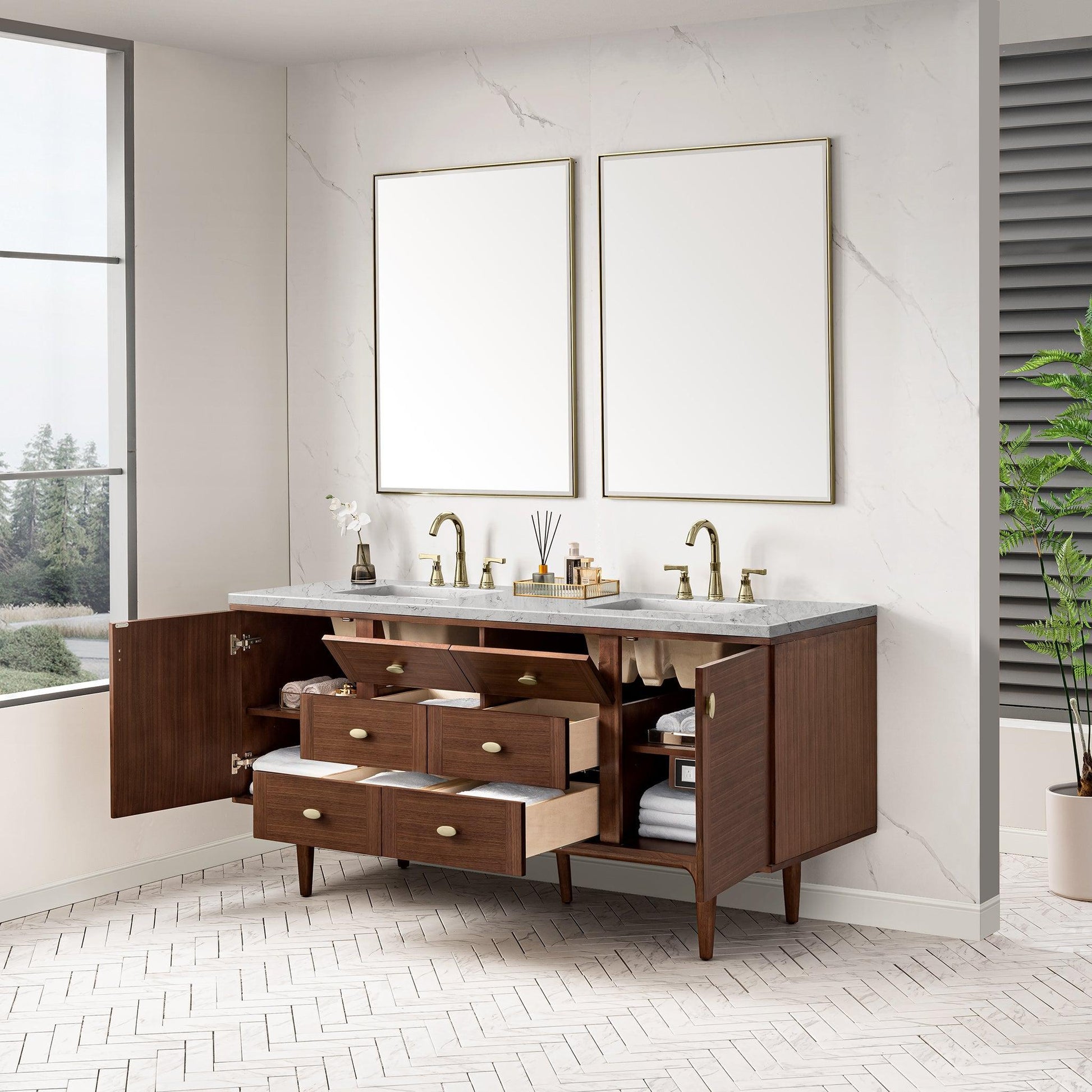 James Martin Vanities Amberly 72" Mid-Century Walnut Double Vanity With 3cm Eternal Jasmine Pearl Top