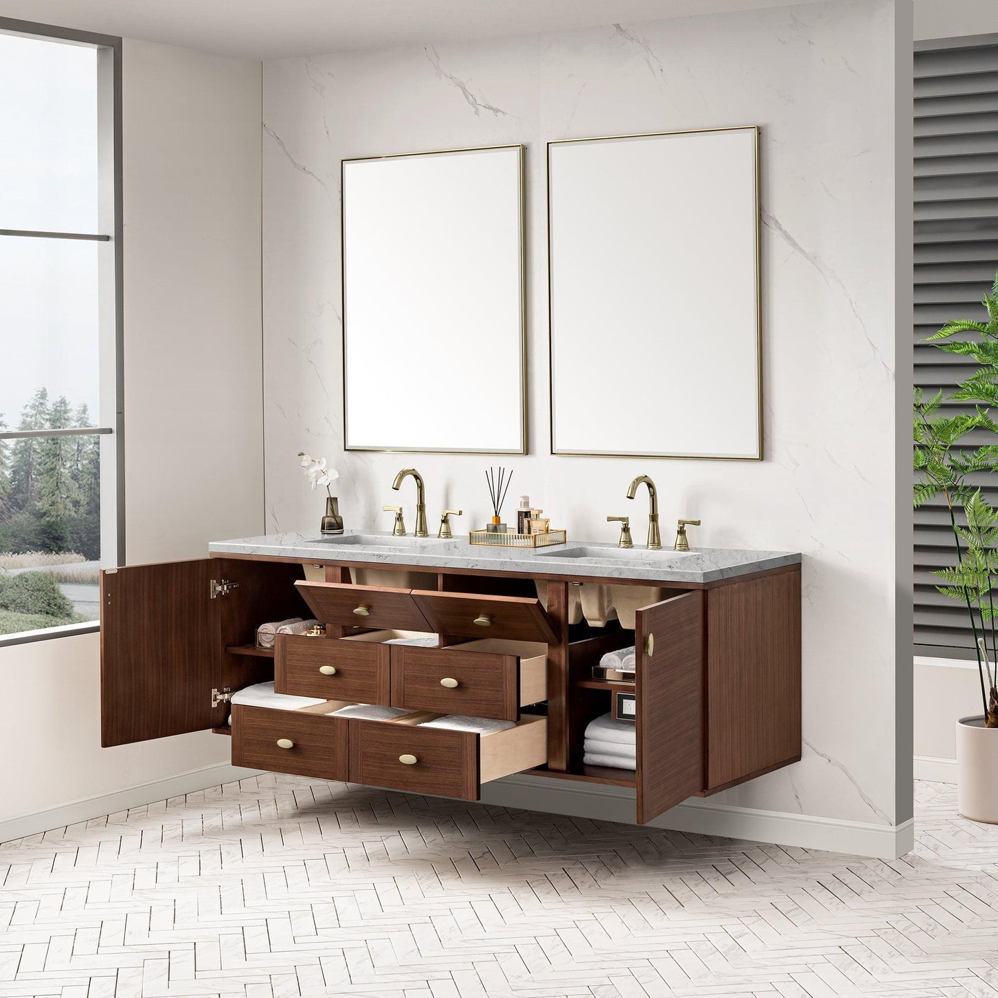 James Martin Vanities Amberly 72" Mid-Century Walnut Double Vanity With 3cm Eternal Jasmine Pearl Top