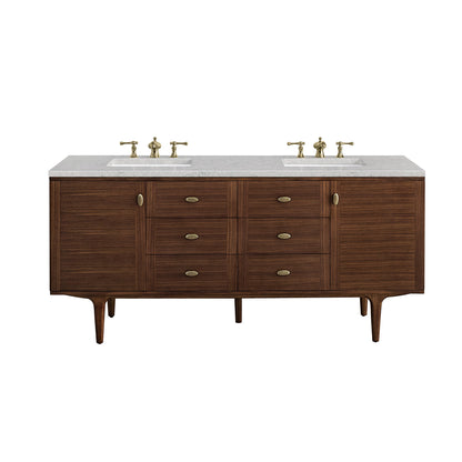 James Martin Vanities Amberly 72" Mid-Century Walnut Double Vanity With 3cm Eternal Jasmine Pearl Top