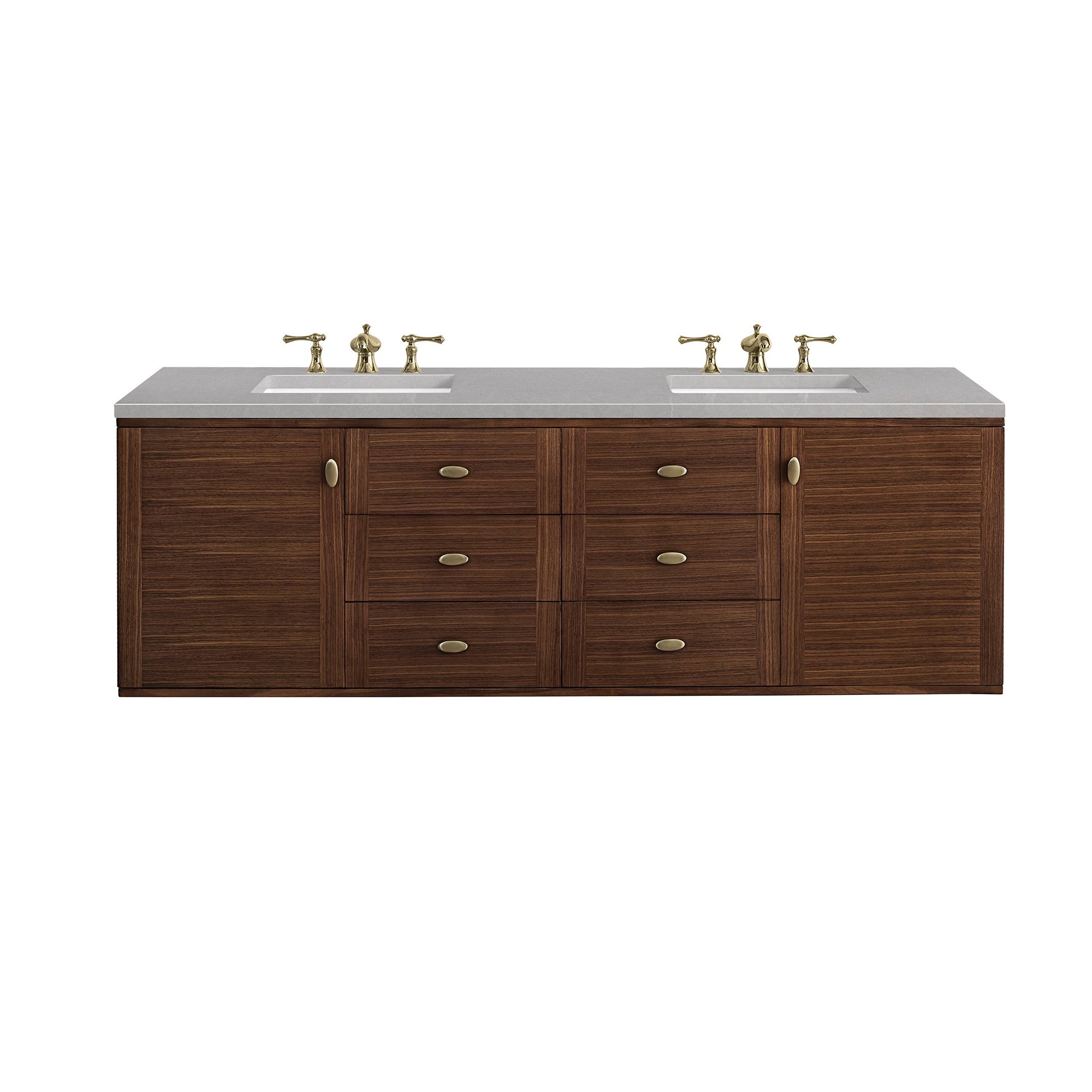 James Martin Vanities Amberly 72" Mid-Century Walnut Double Vanity With 3cm Eternal Serena Top