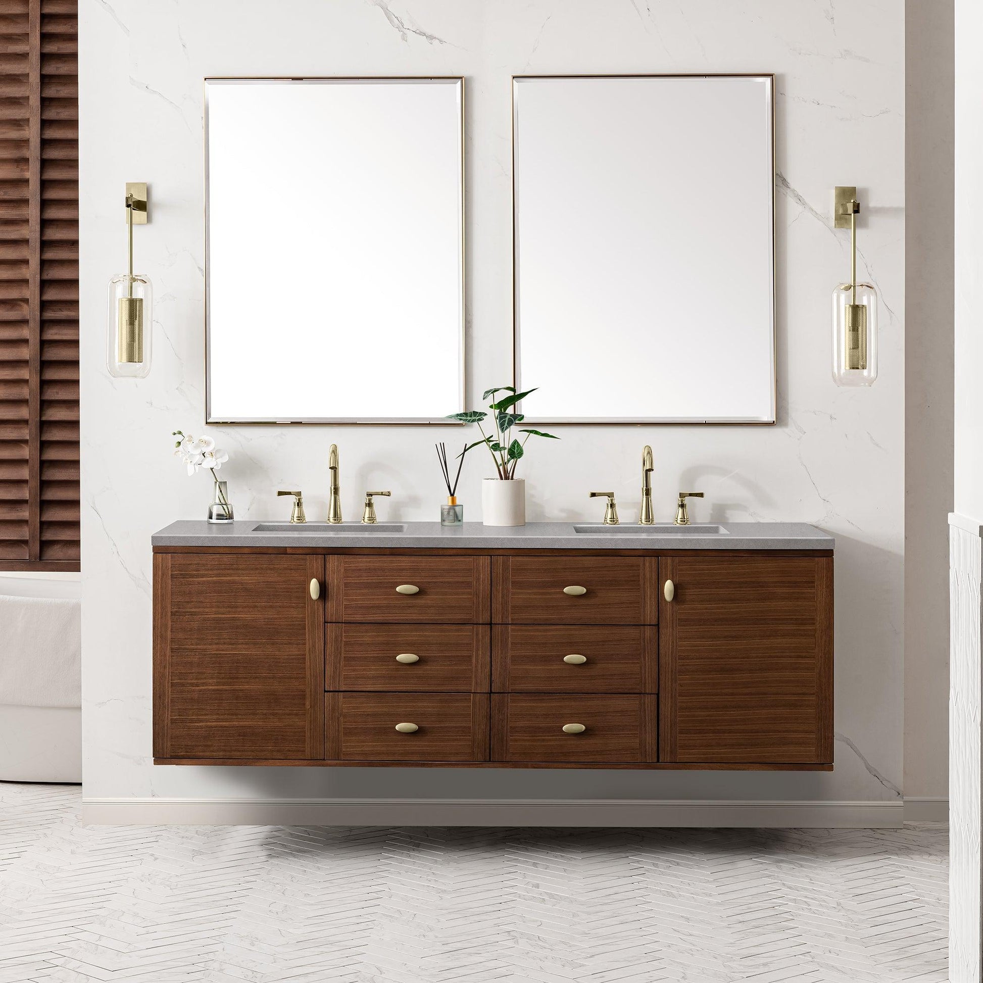 James Martin Vanities Amberly 72" Mid-Century Walnut Double Vanity With 3cm Eternal Serena Top