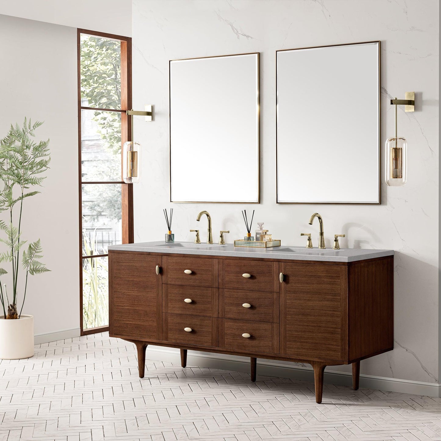 James Martin Vanities Amberly 72" Mid-Century Walnut Double Vanity With 3cm Eternal Serena Top