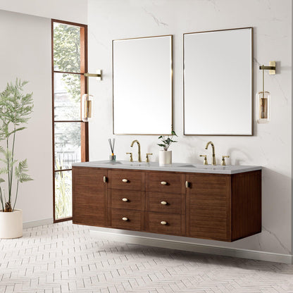 James Martin Vanities Amberly 72" Mid-Century Walnut Double Vanity With 3cm Eternal Serena Top