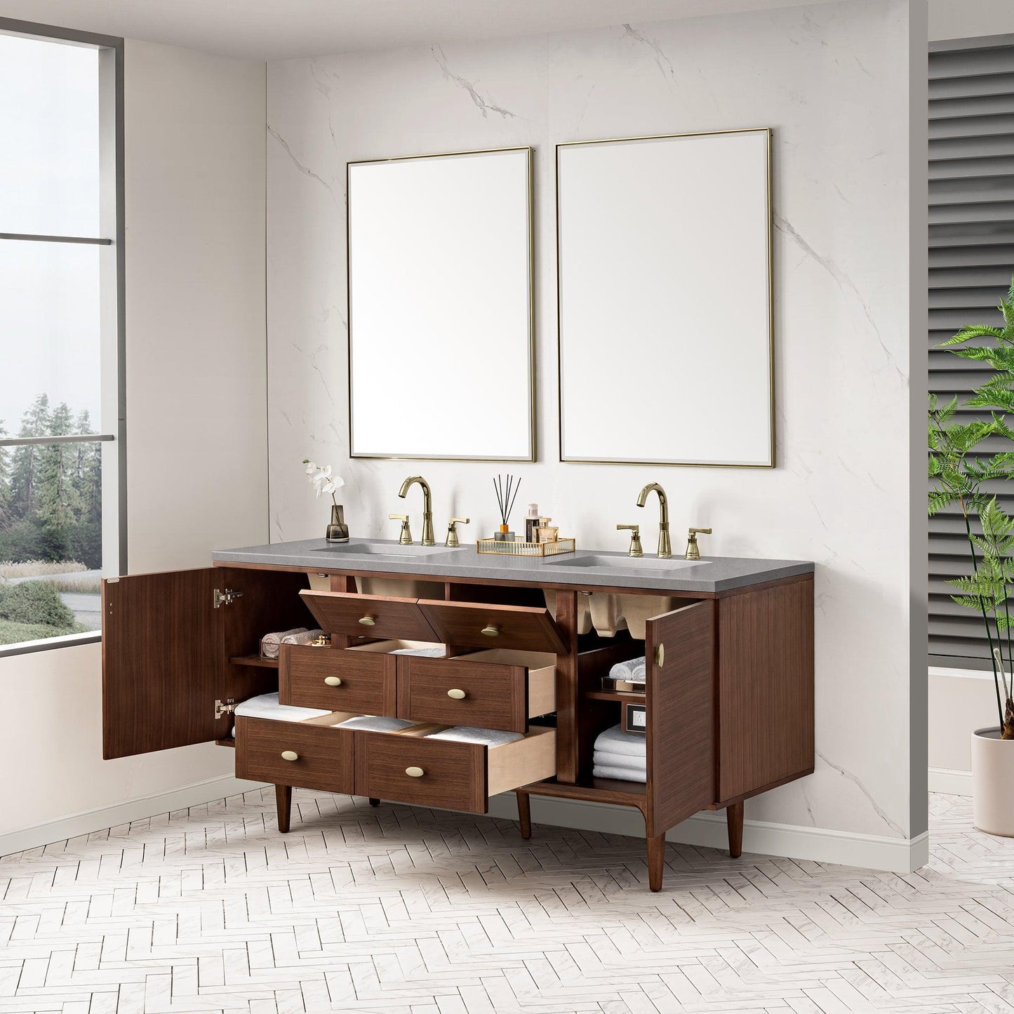 James Martin Vanities Amberly 72" Mid-Century Walnut Double Vanity With 3cm Eternal Serena Top