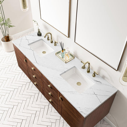 James Martin Vanities Amberly 72" Mid-Century Walnut Double Vanity With 3cm Ethereal Noctis Top