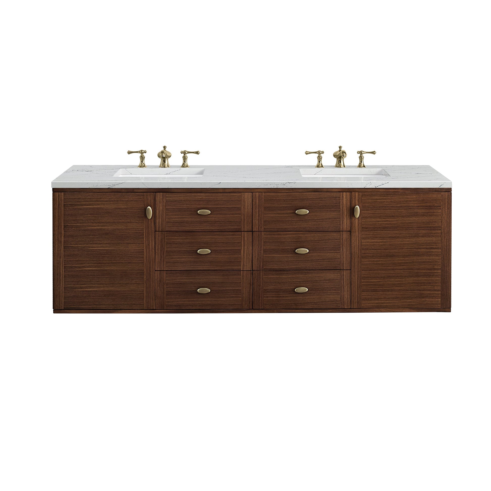 James Martin Vanities Amberly 72" Mid-Century Walnut Double Vanity With 3cm Ethereal Noctis Top