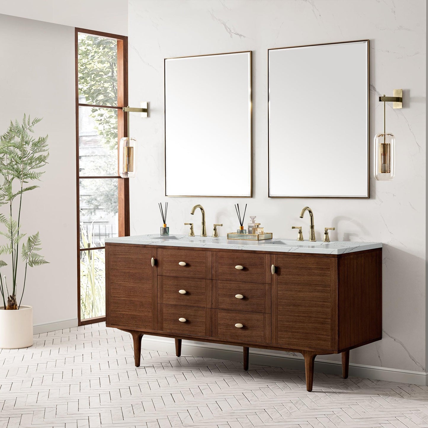 James Martin Vanities Amberly 72" Mid-Century Walnut Double Vanity With 3cm Ethereal Noctis Top