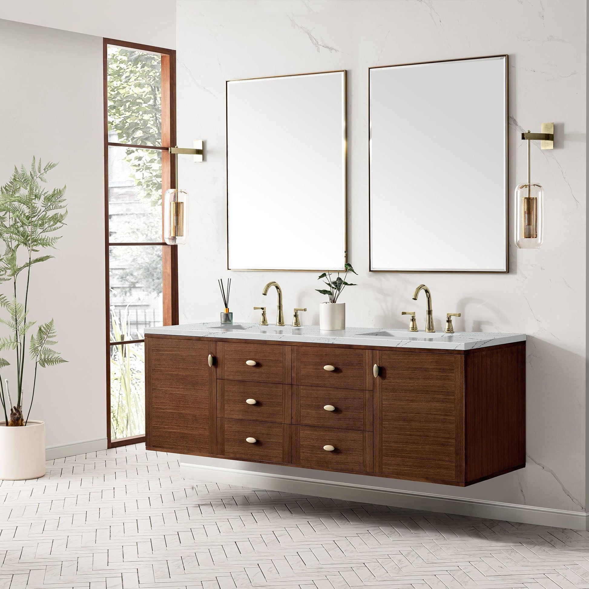 James Martin Vanities Amberly 72" Mid-Century Walnut Double Vanity With 3cm Ethereal Noctis Top