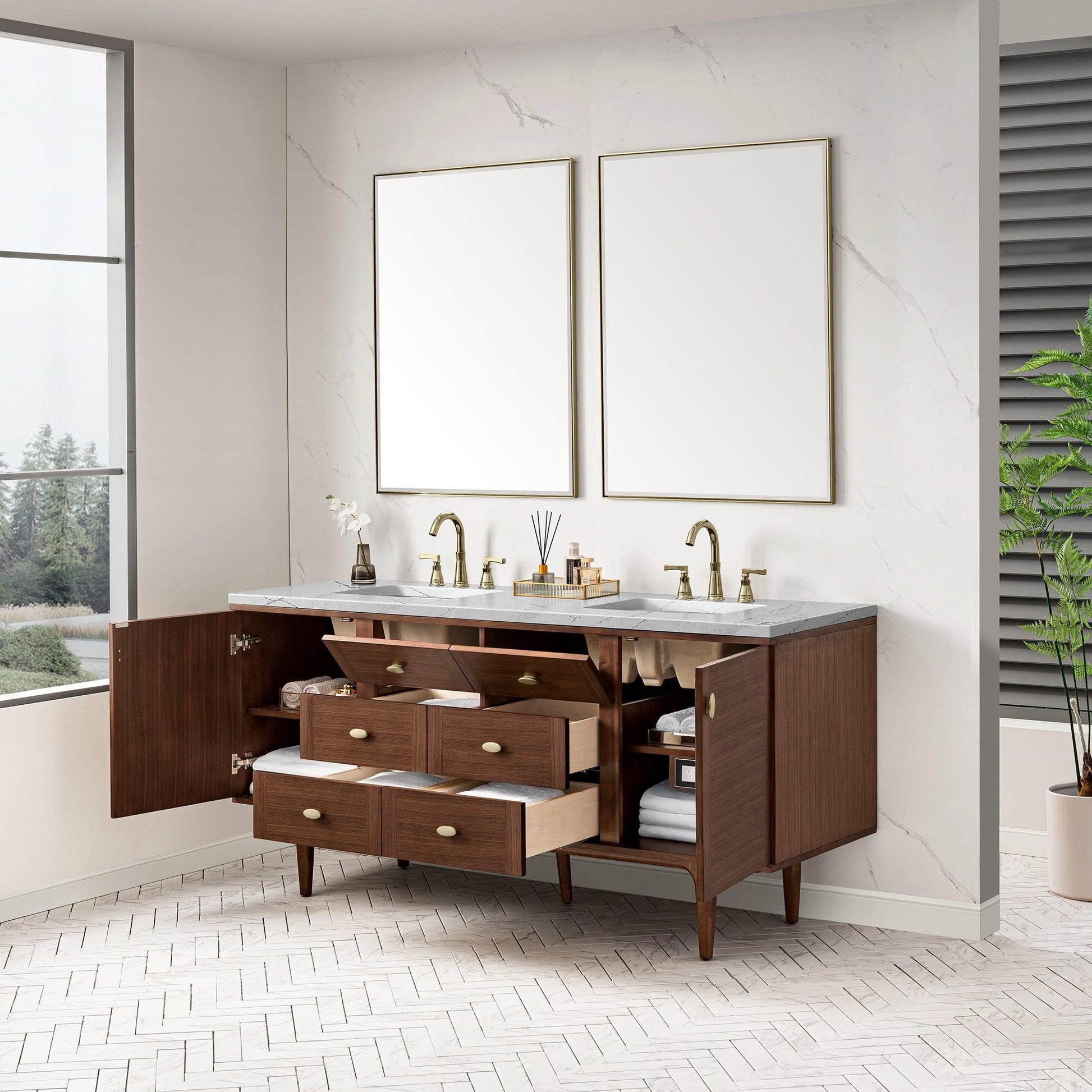 James Martin Vanities Amberly 72" Mid-Century Walnut Double Vanity With 3cm Ethereal Noctis Top