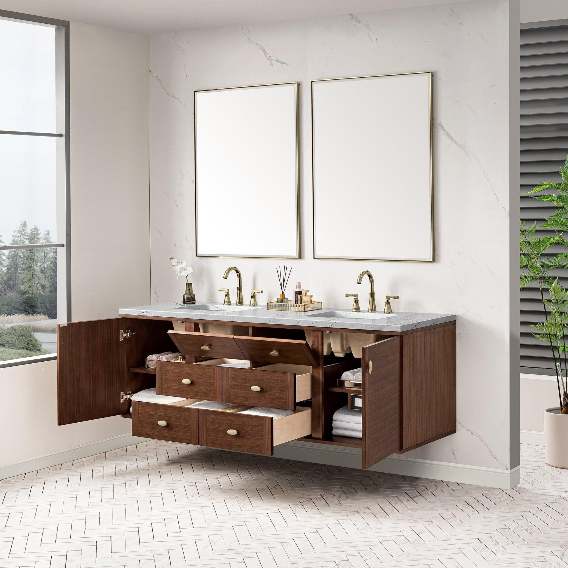 James Martin Vanities Amberly 72" Mid-Century Walnut Double Vanity With 3cm Ethereal Noctis Top