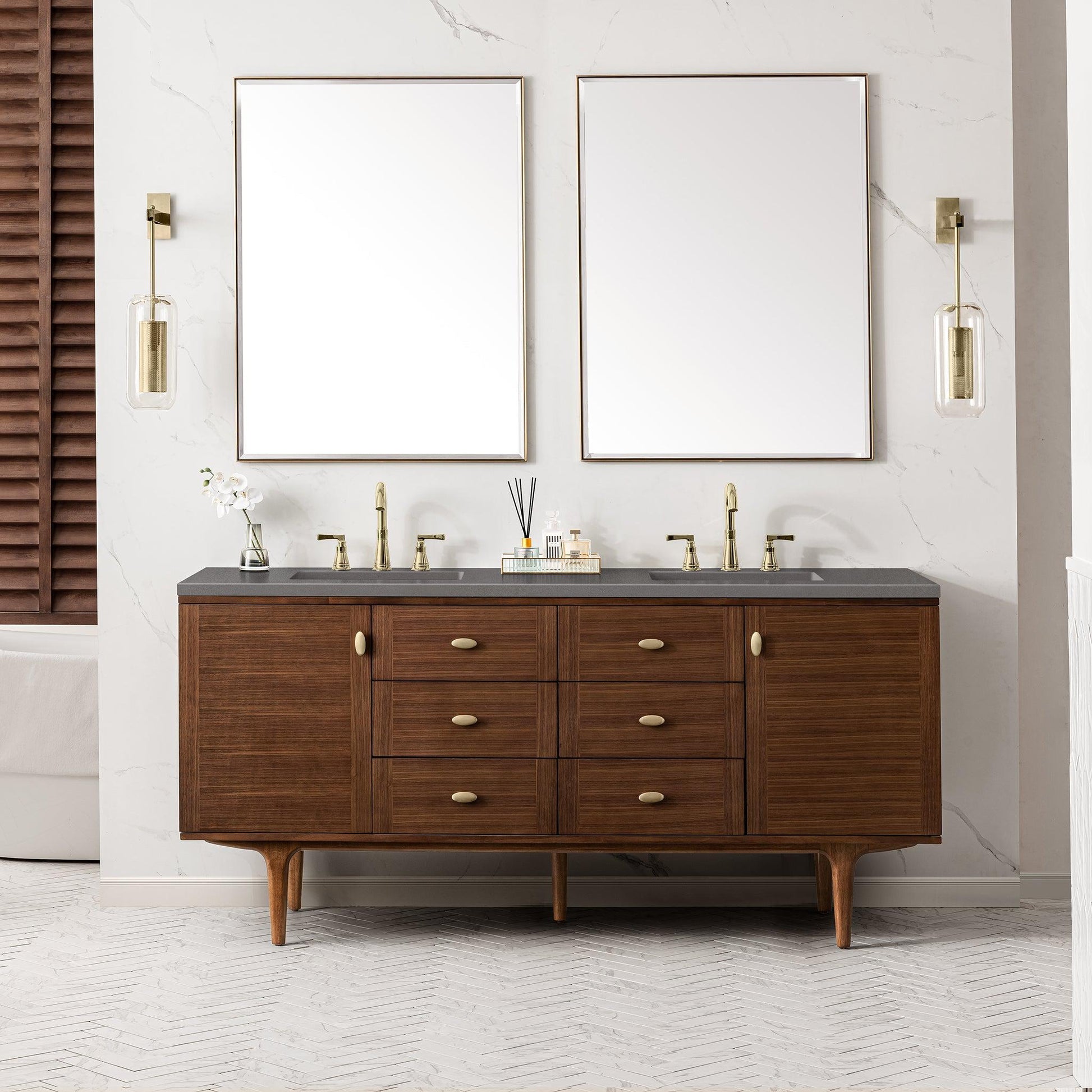 James Martin Vanities Amberly 72" Mid-Century Walnut Double Vanity With 3cm Grey Expo Top