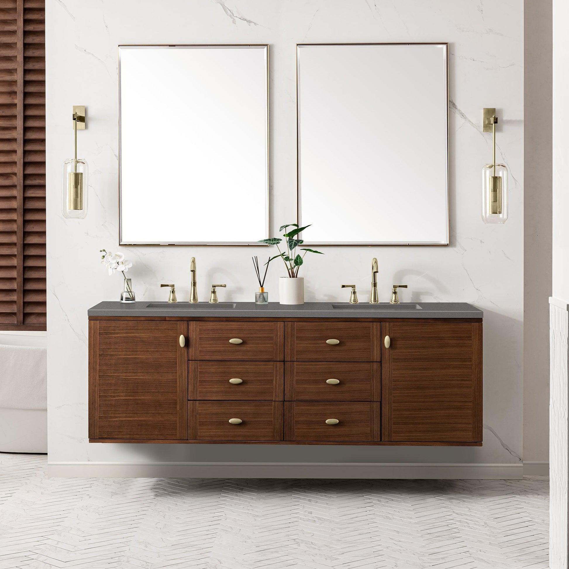 James Martin Vanities Amberly 72" Mid-Century Walnut Double Vanity With 3cm Grey Expo Top