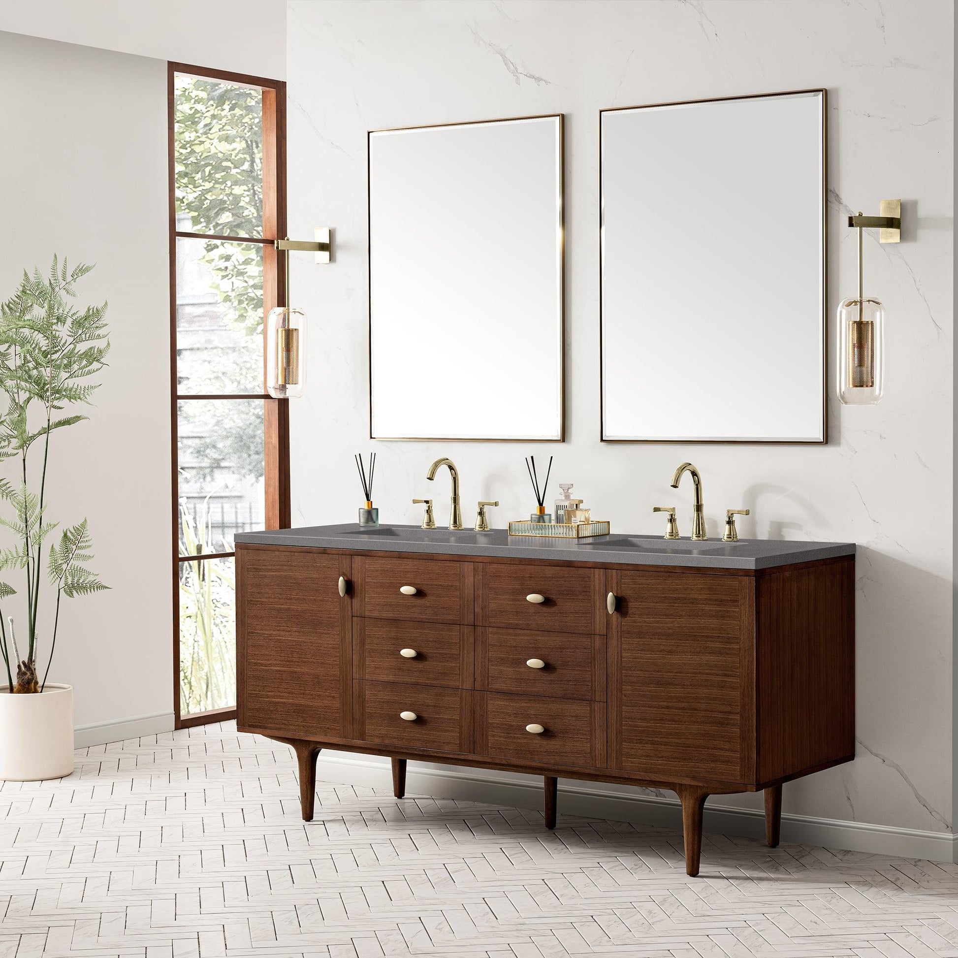 James Martin Vanities Amberly 72" Mid-Century Walnut Double Vanity With 3cm Grey Expo Top