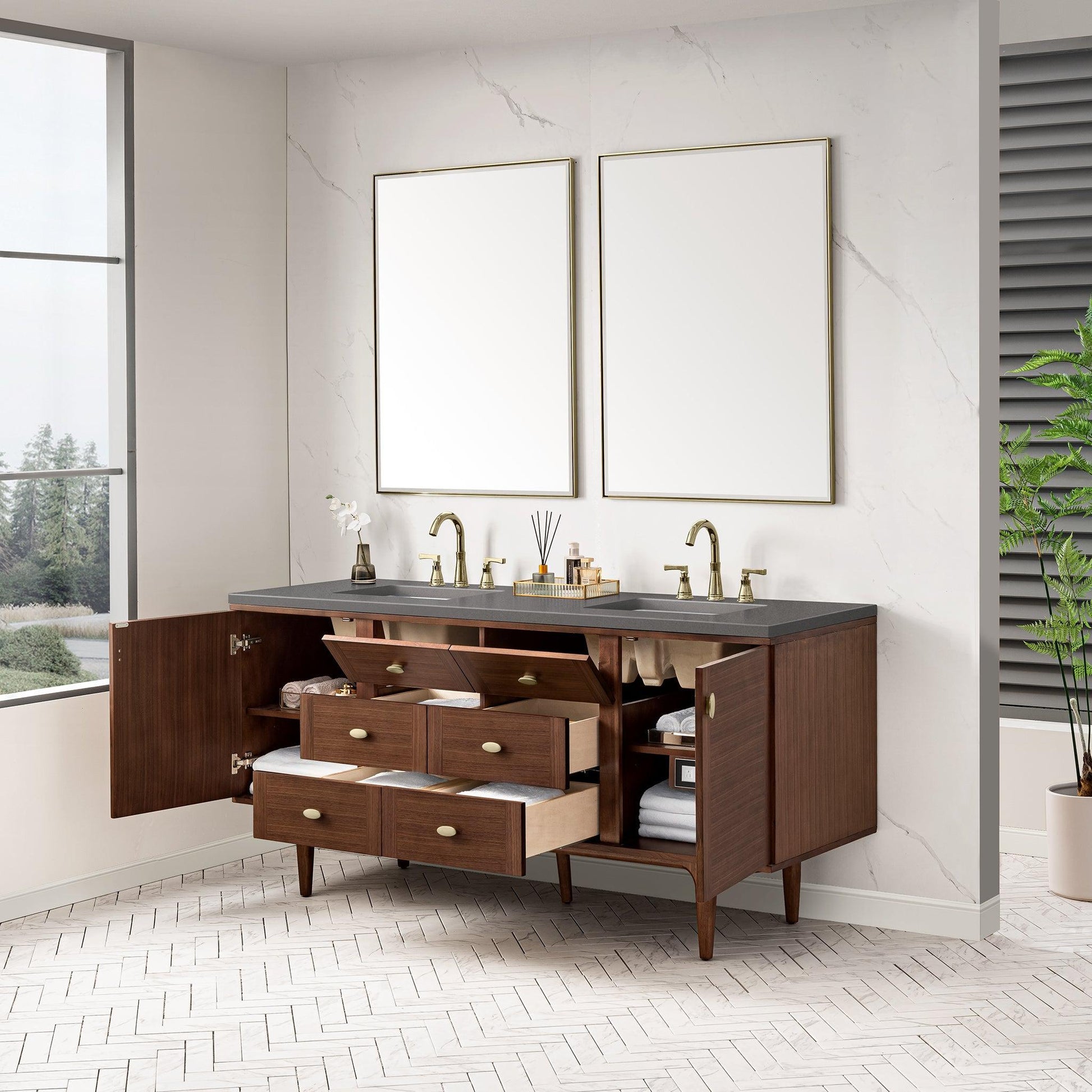 James Martin Vanities Amberly 72" Mid-Century Walnut Double Vanity With 3cm Grey Expo Top