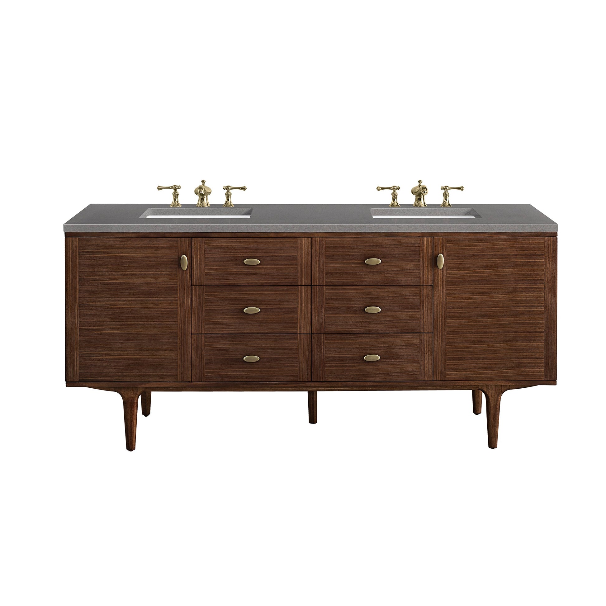 James Martin Vanities Amberly 72" Mid-Century Walnut Double Vanity With 3cm Grey Expo Top