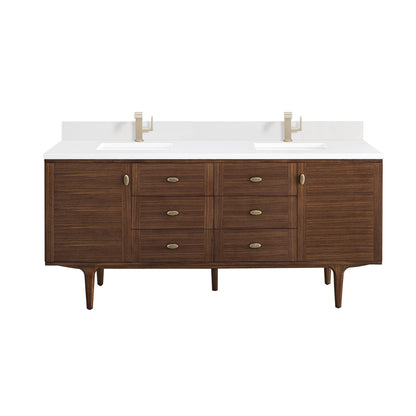 James Martin Vanities Amberly 72" Mid-Century Walnut Double Vanity With Single Hole 3 cm White Zeus Top & Backsplash