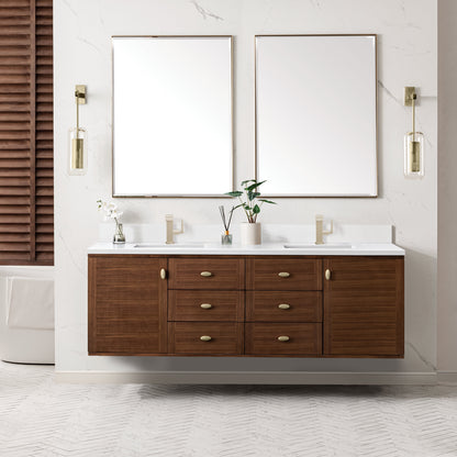 James Martin Vanities Amberly 72" Mid-Century Walnut Double Vanity With Single Hole 3 cm White Zeus Top & Backsplash