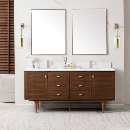 James Martin Vanities Amberly 72" Mid-Century Walnut Double Vanity With Single Hole 3 cm White Zeus Top & Backsplash