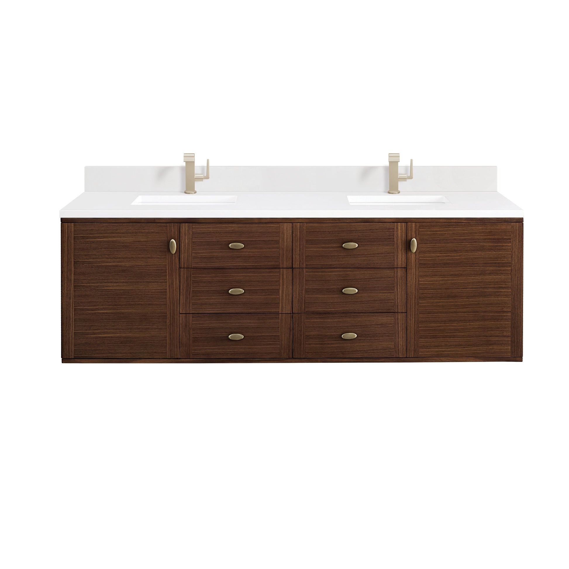 James Martin Vanities Amberly 72" Mid-Century Walnut Double Vanity With Single Hole 3 cm White Zeus Top & Backsplash