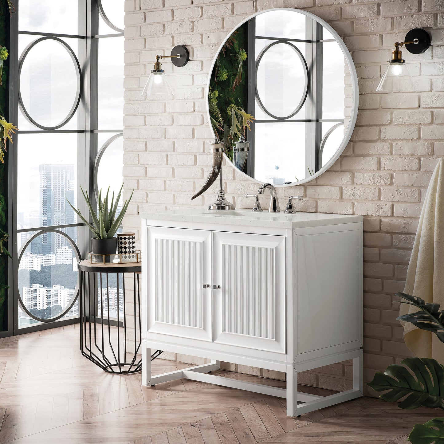 James Martin Vanities Athens 36" Glossy White Single Vanity With 3 cm Lime Delight Quartz Top