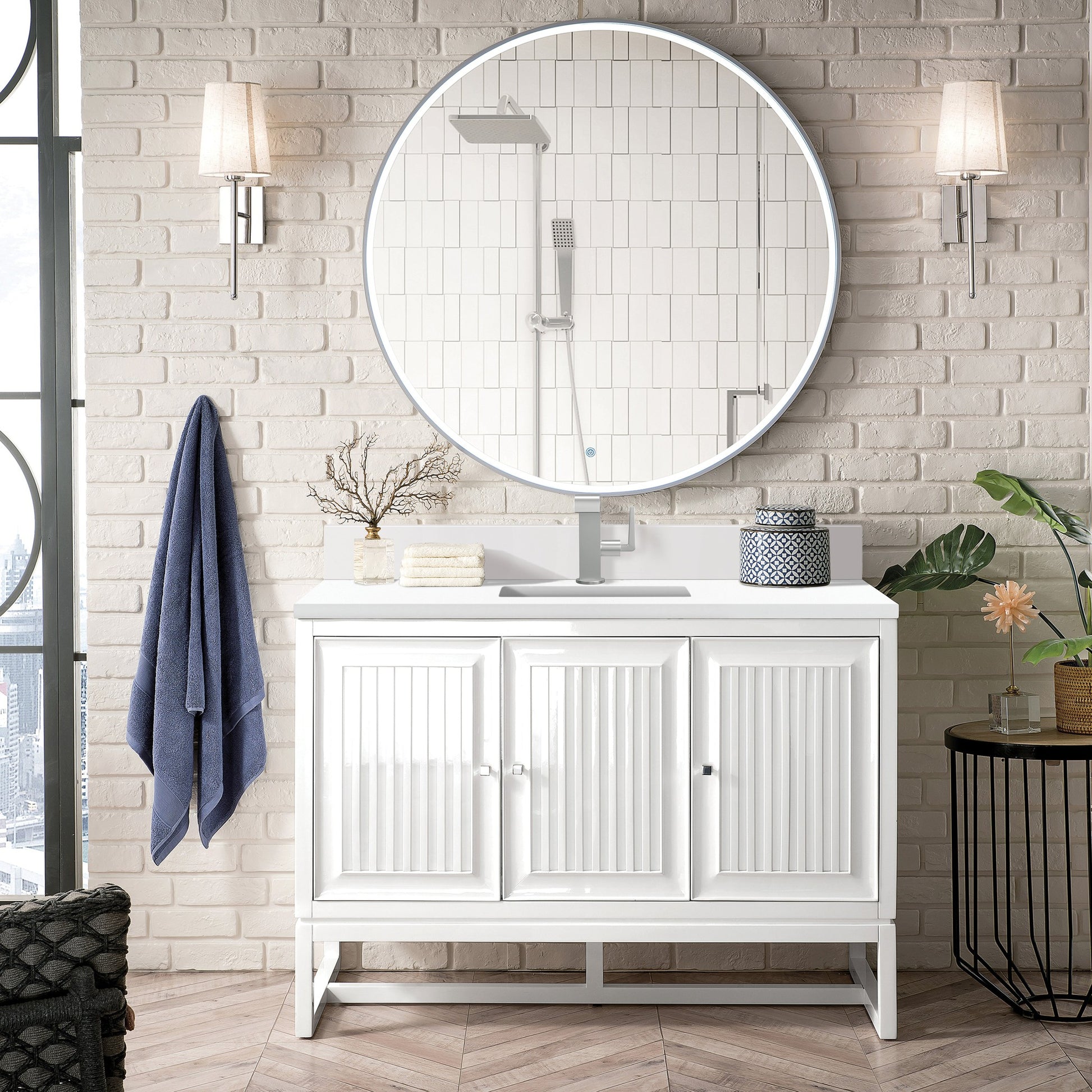 James Martin Vanities Athens 48" Glossy White Single Vanity With Single Hole 3 cm White Zeus Quartz Top & Backsplash