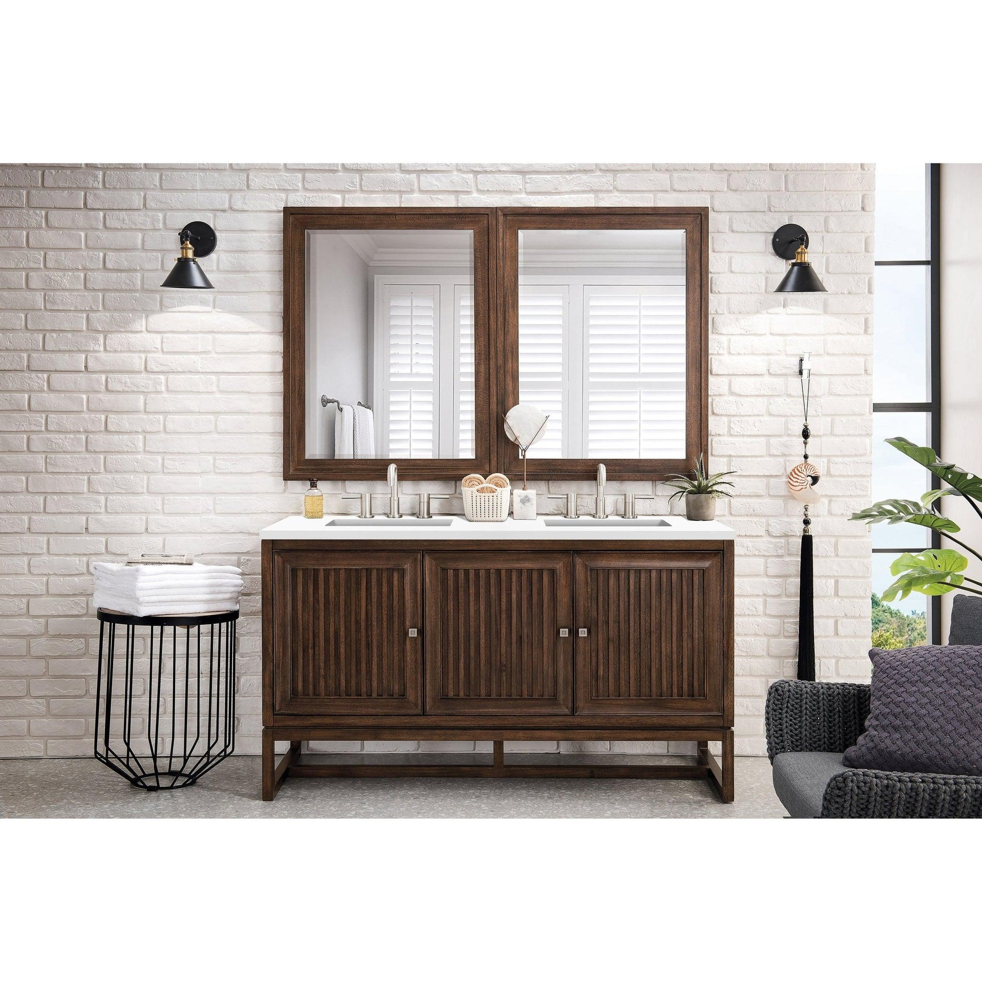 James Martin Vanities Athens 60" Glossy White Double Vanity Cabinet With 3cm White Zeus Quartz Top