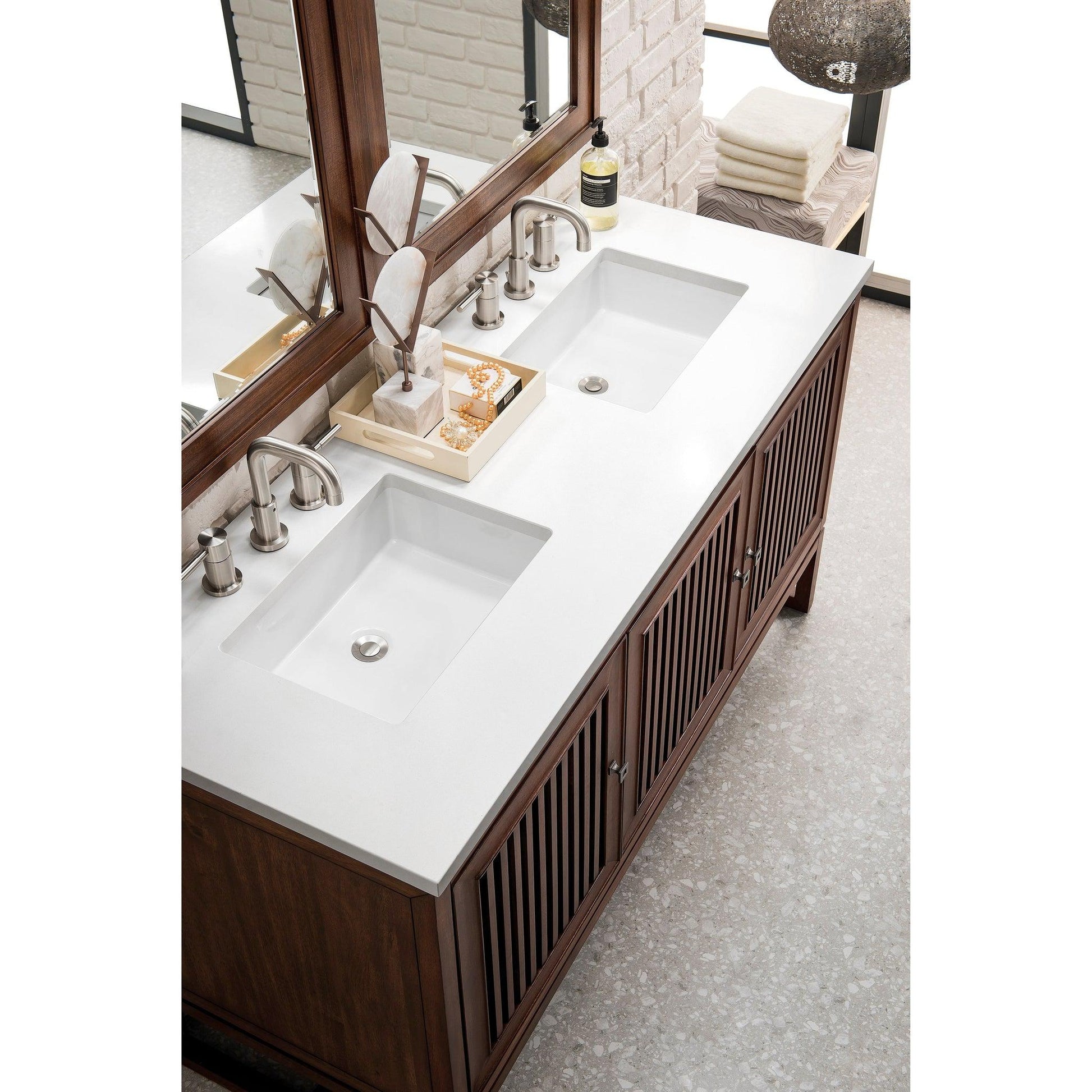 James Martin Vanities Athens 60" Glossy White Double Vanity Cabinet With 3cm White Zeus Quartz Top