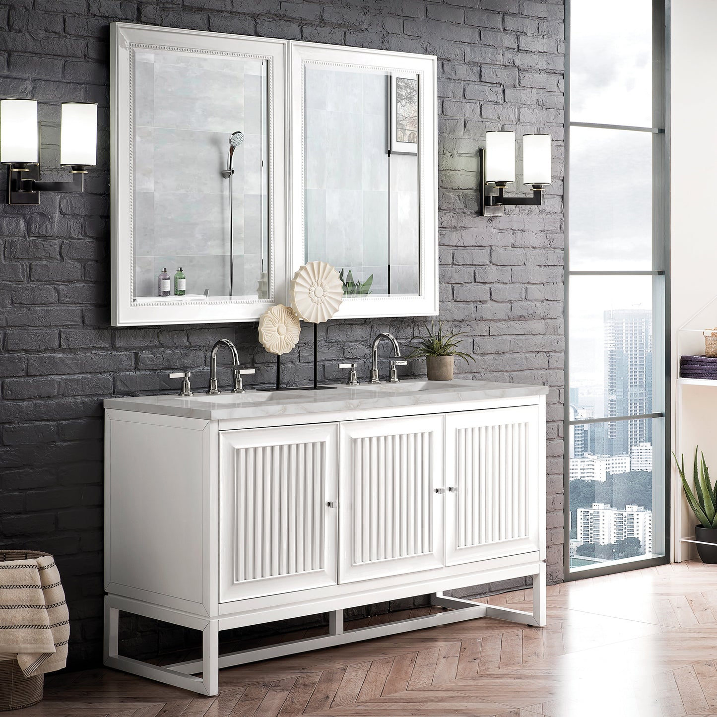 James Martin Vanities Athens 60" Glossy White Double Vanity With 3 cm Victorian Silver Quartz Top