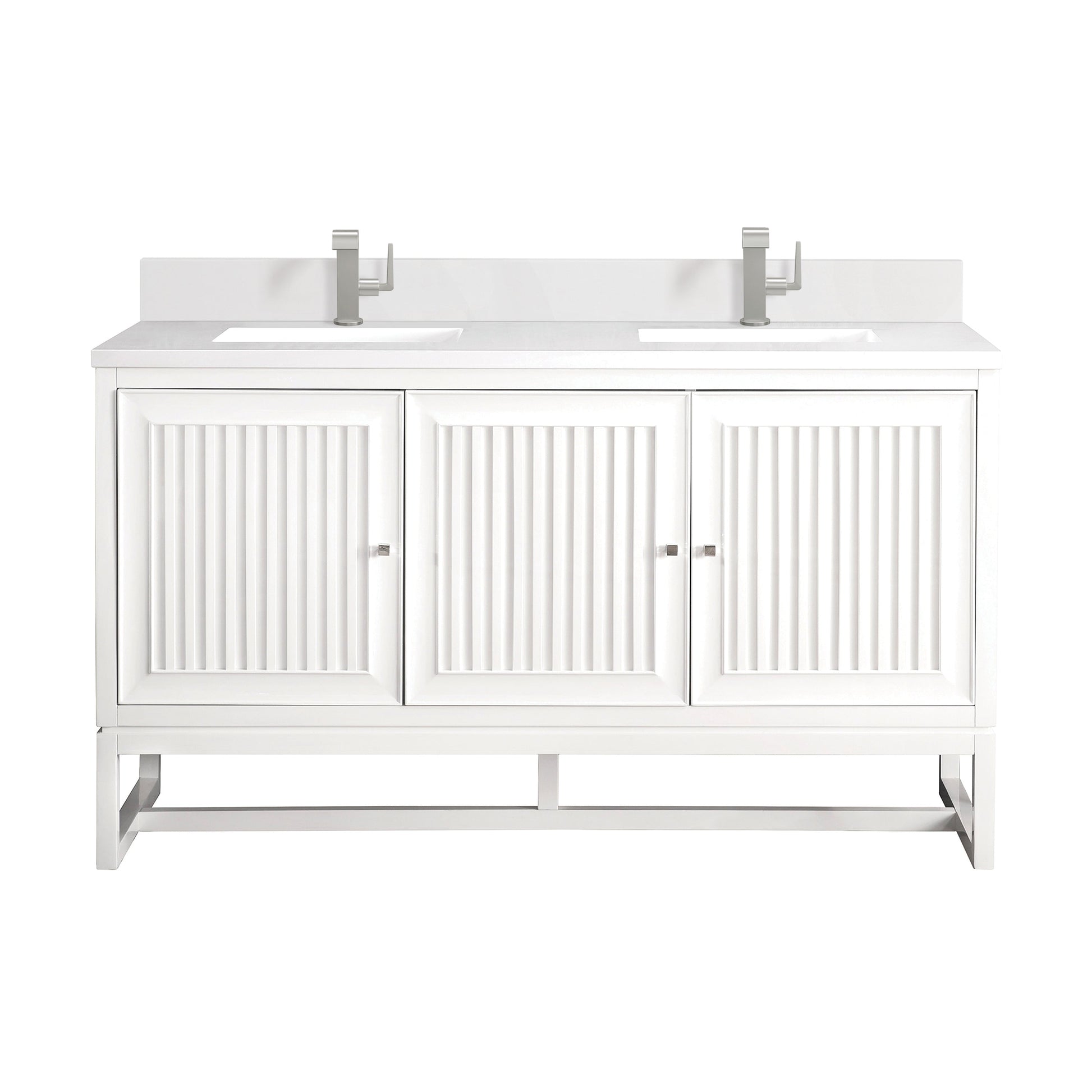 James Martin Vanities Athens 60" Glossy White Double Vanity With Single Hole 3 cm White Zeus Quartz Top & Backsplash