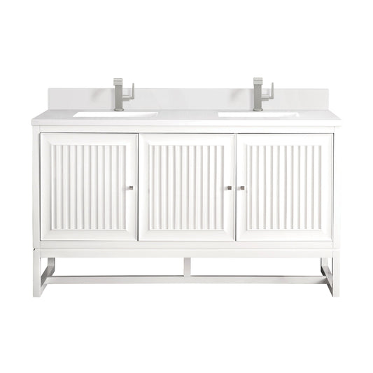 James Martin Vanities Athens 60" Glossy White Double Vanity With Single Hole 3 cm White Zeus Quartz Top & Backsplash