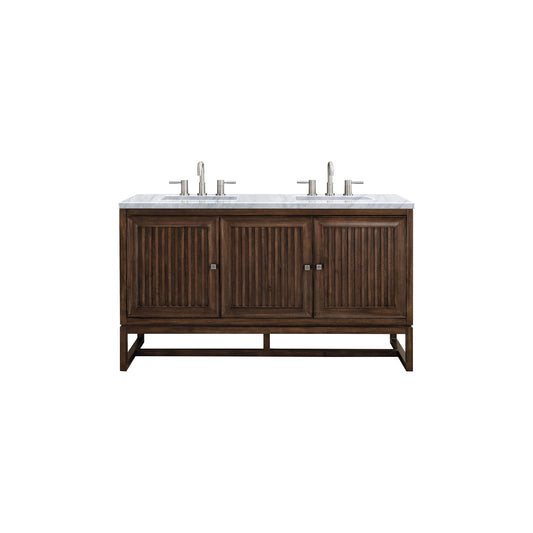 James Martin Vanities Athens 60" Mid Century Acacia Double Vanity Cabinet With 3 cm Carrara White Top