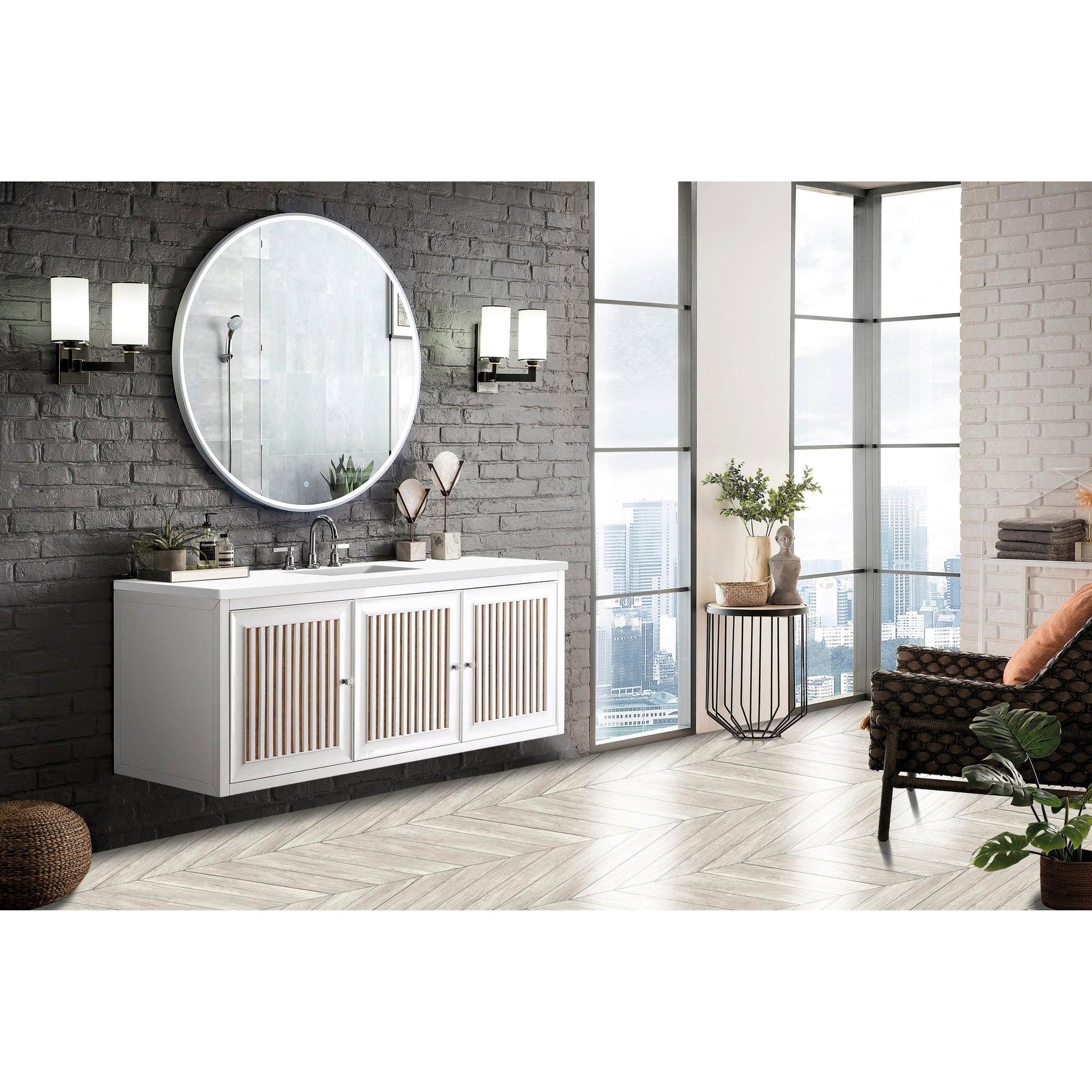 James Martin Vanities Athens 60" Mid Century Acacia Double Vanity Cabinet With 3cm White Zeus Quartz Top