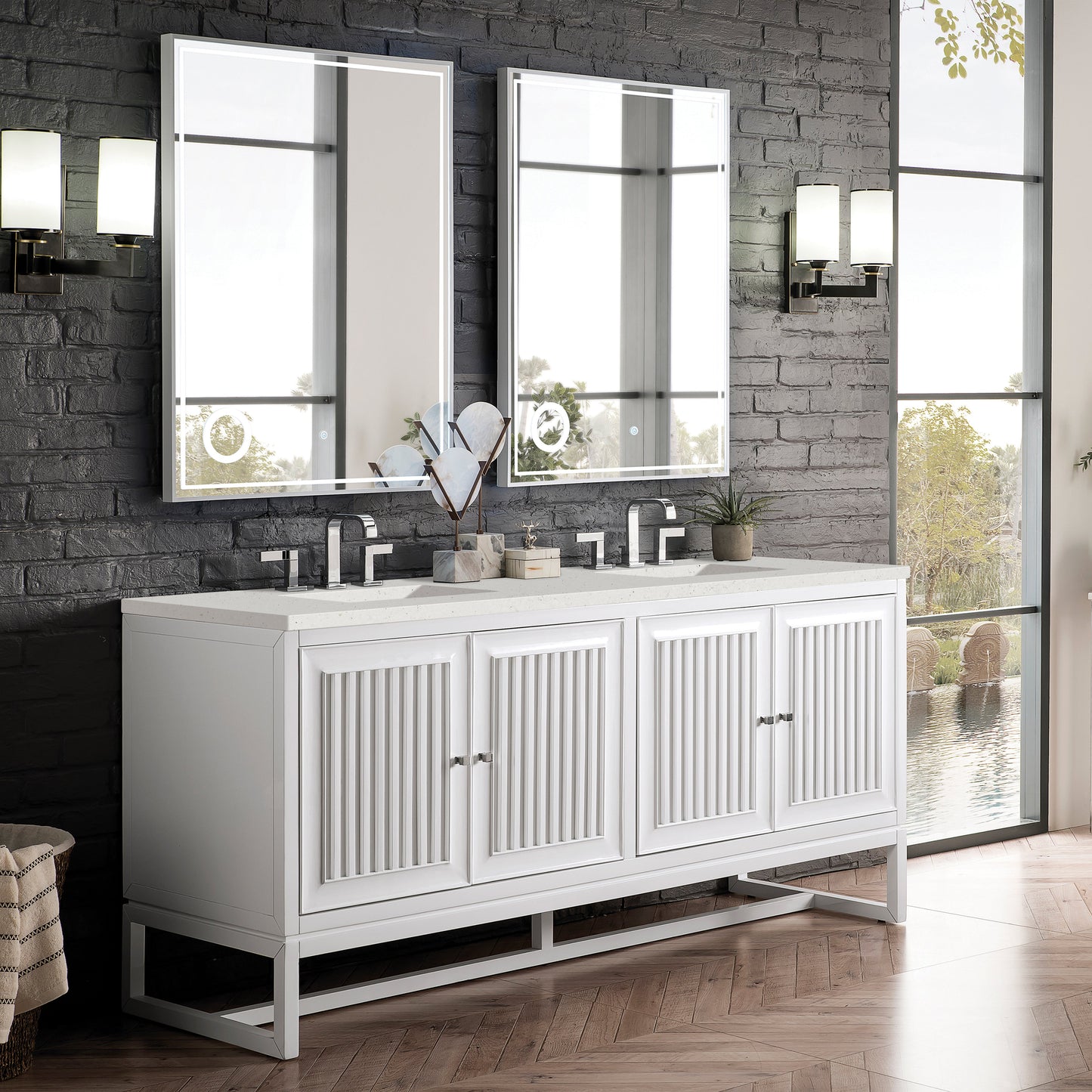 James Martin Vanities Athens 72" Glossy White Double Vanity With 3 cm Lime Delight Quartz Top