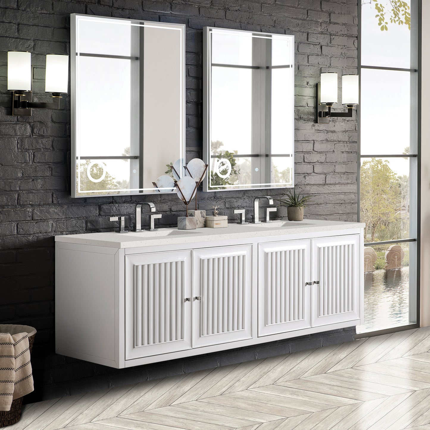 James Martin Vanities Athens 72" Glossy White Double Vanity With 3 cm Lime Delight Quartz Top