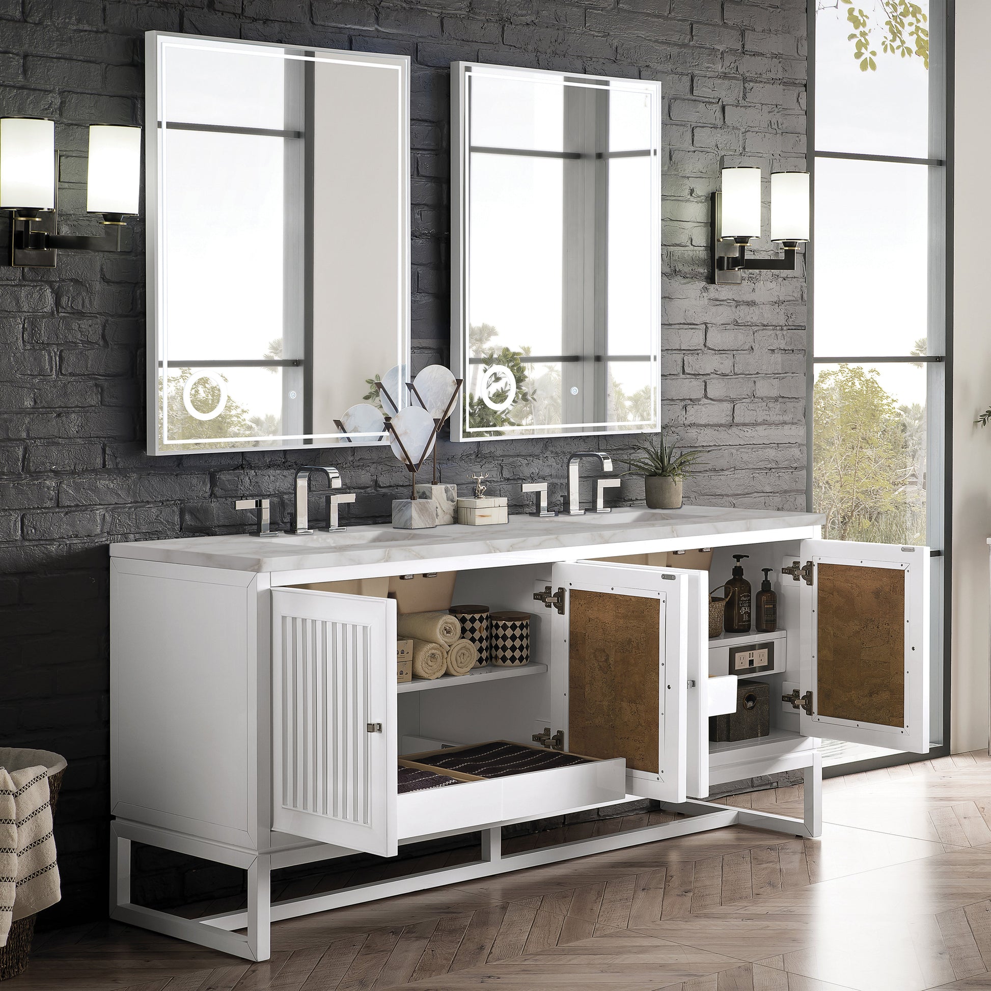 James Martin Vanities Athens 72" Glossy White Double Vanity With 3 cm Victorian Silver Quartz Top