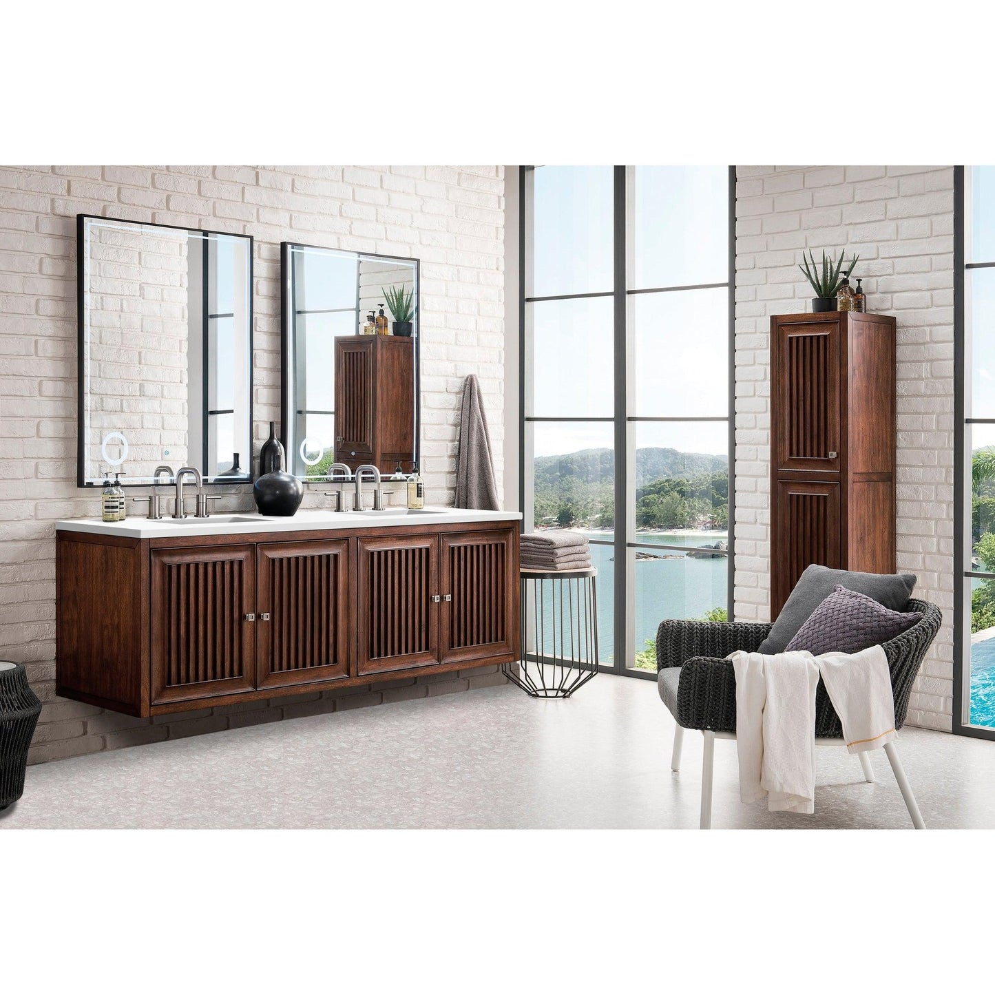 James Martin Vanities Athens 72" Mid Century Acacia Double Vanity Cabinet With 3cm White Zeus Quartz Top