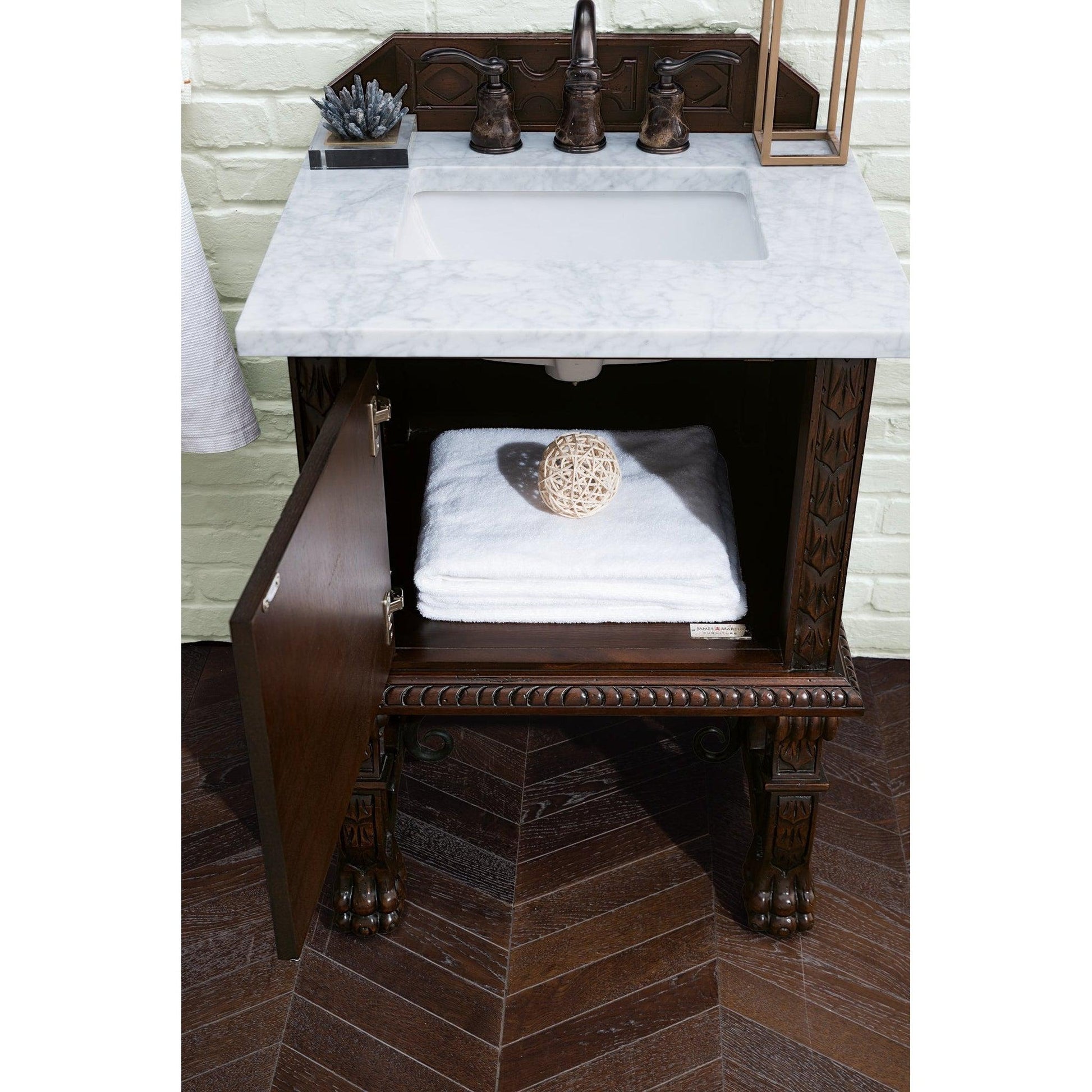 James Martin Vanities Balmoral 26" Antique Walnut Single Vanity Cabinet With 3cm Carrara Marble Top
