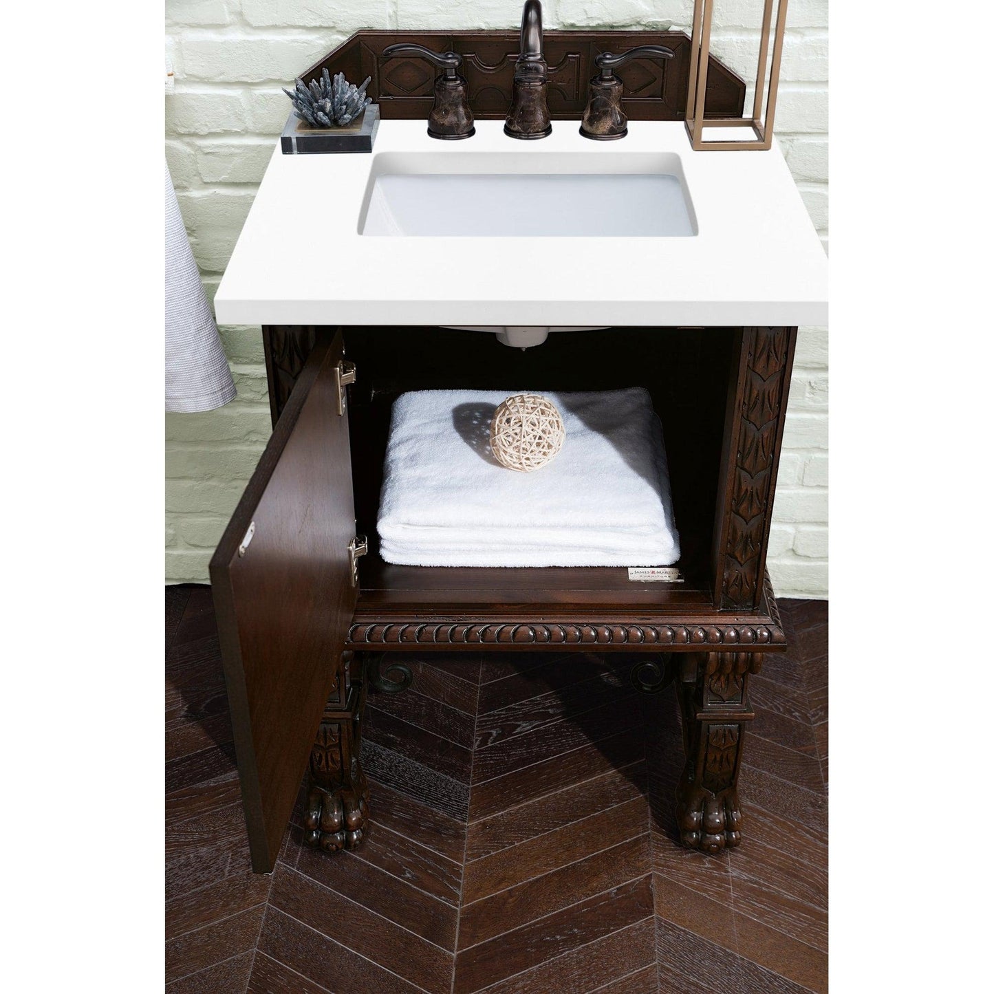 James Martin Vanities Balmoral 26" Antique Walnut Single Vanity Cabinet With 3cm White Zeus Quartz Top