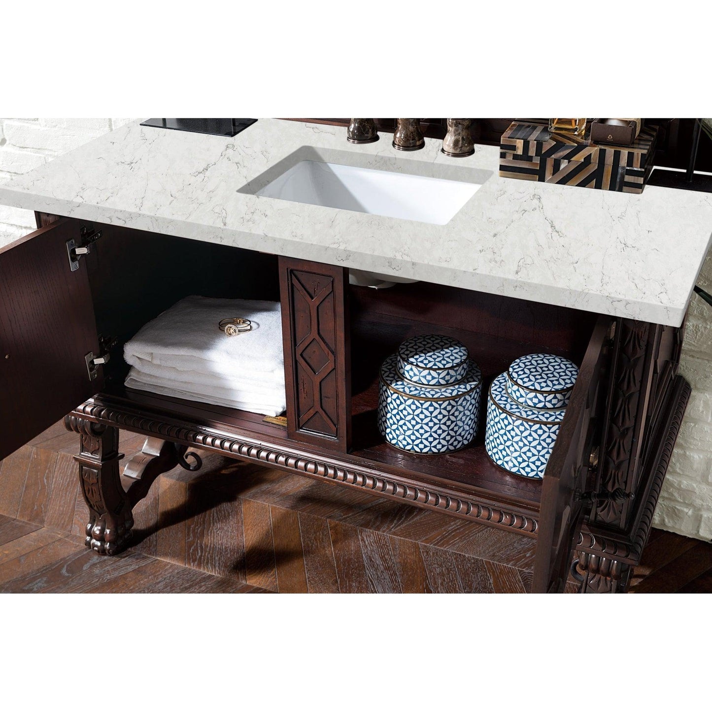 James Martin Vanities Balmoral 48" Antique Walnut Single Vanity Cabinet With 3cm Eternal Jasmine Pearl Quartz Top