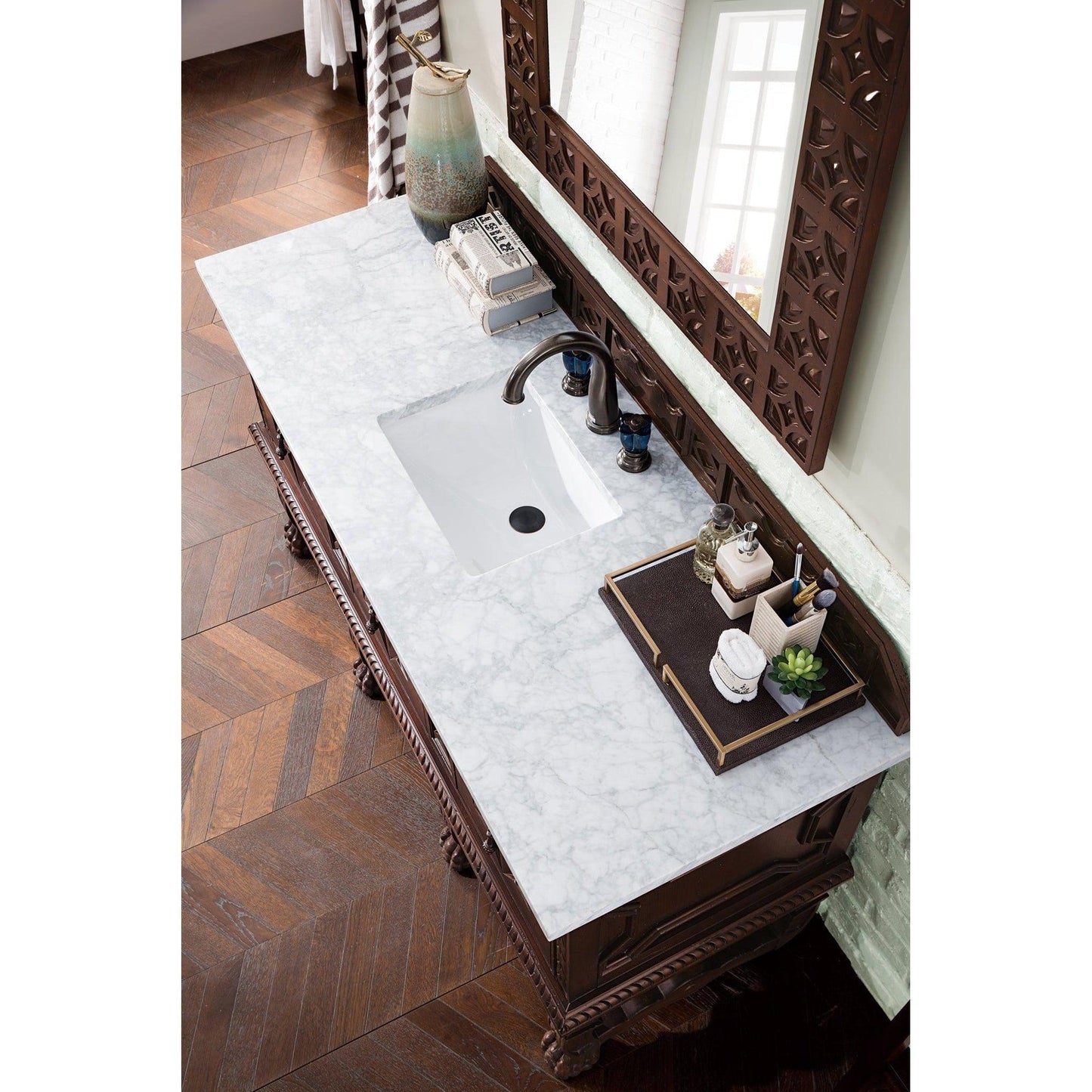 James Martin Vanities Balmoral 60" Antique Walnut Single Vanity With 3cm Carrara Marble Top