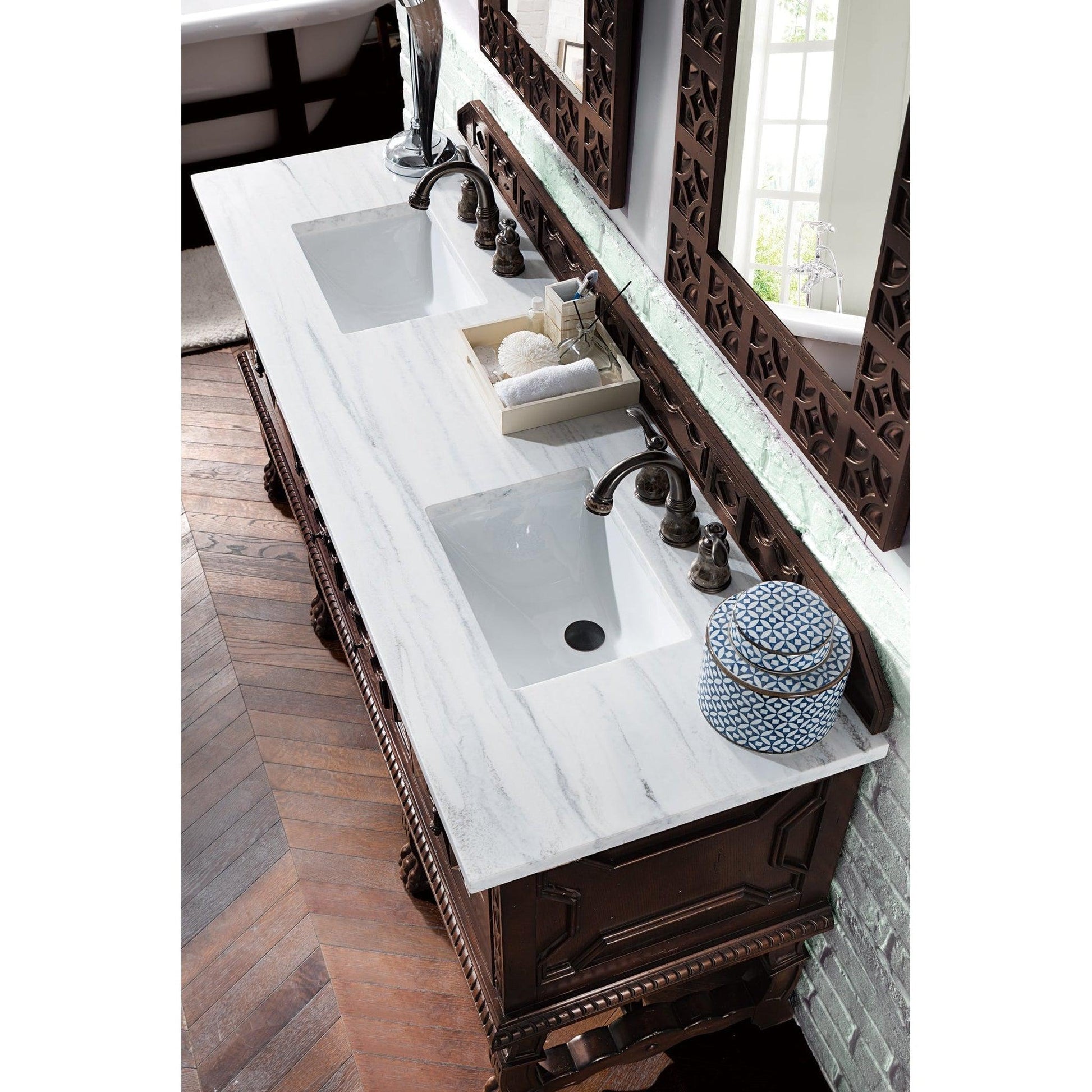 James Martin Vanities Balmoral 72" Antique Walnut Double Vanity Cabinet With 3cm Arctic Fall Solid Surface Top
