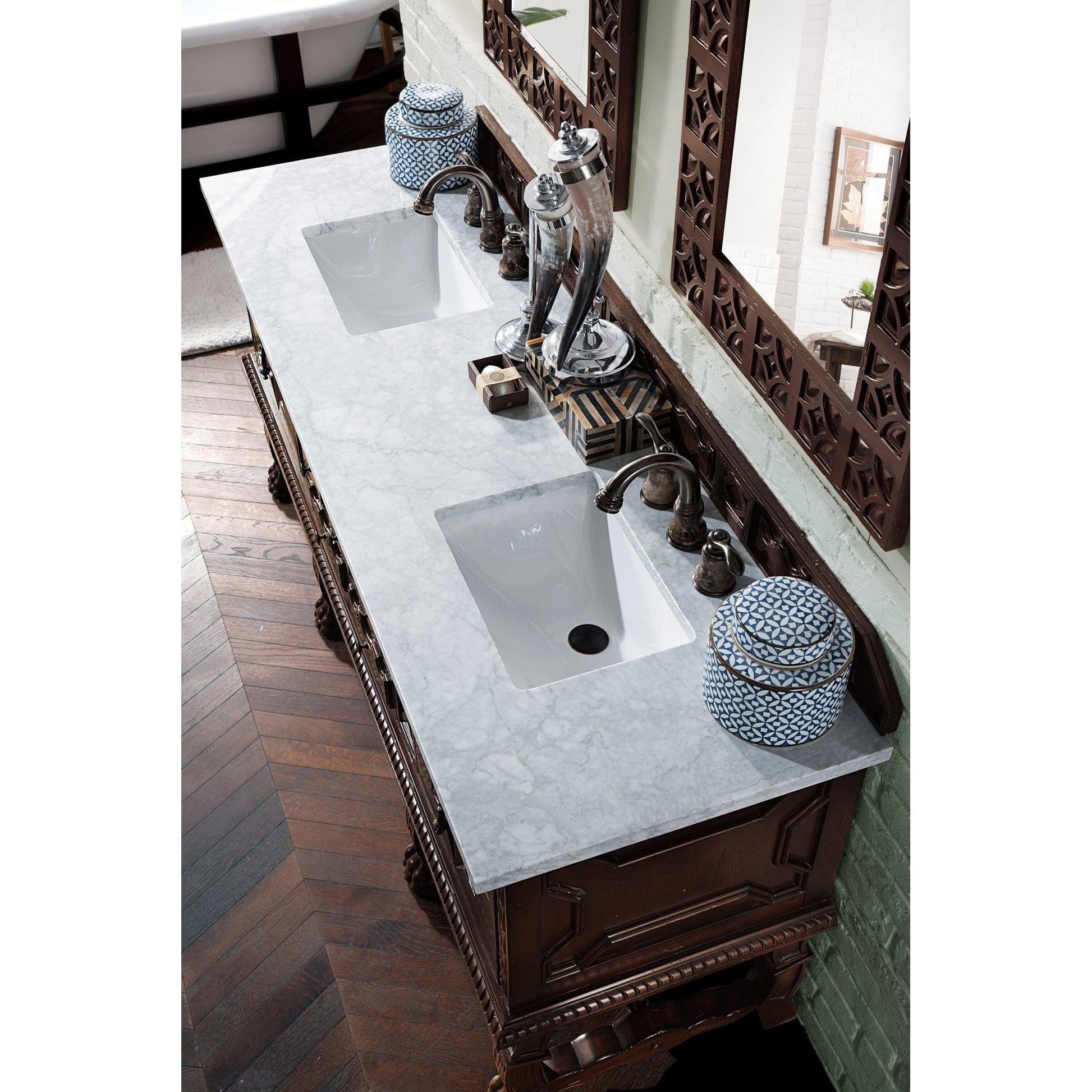 James Martin Vanities Balmoral 72" Antique Walnut Double Vanity Cabinet With 3cm Carrara Marble Top