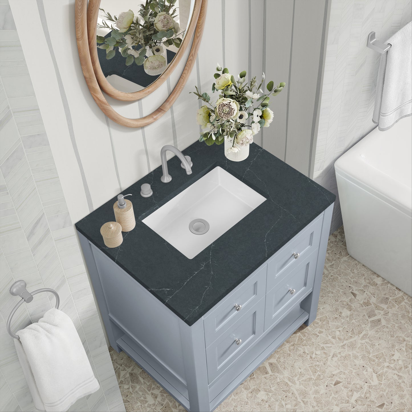 James Martin Vanities Breckenridge 30" Serenity Blue Single Vanity With 3cm Charcoal Soapstone Quartz Top
