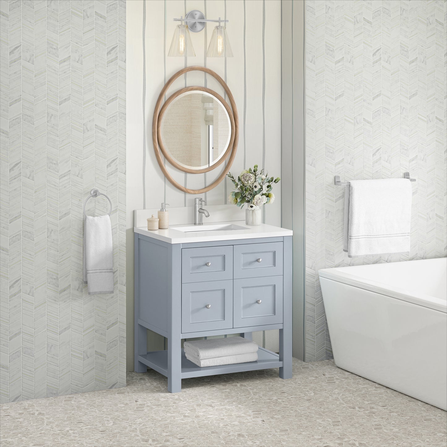 James Martin Vanities Breckenridge 30" Serenity Blue Single Vanity With Single Hole 3cm White Zeus Quartz Top and Backsplash