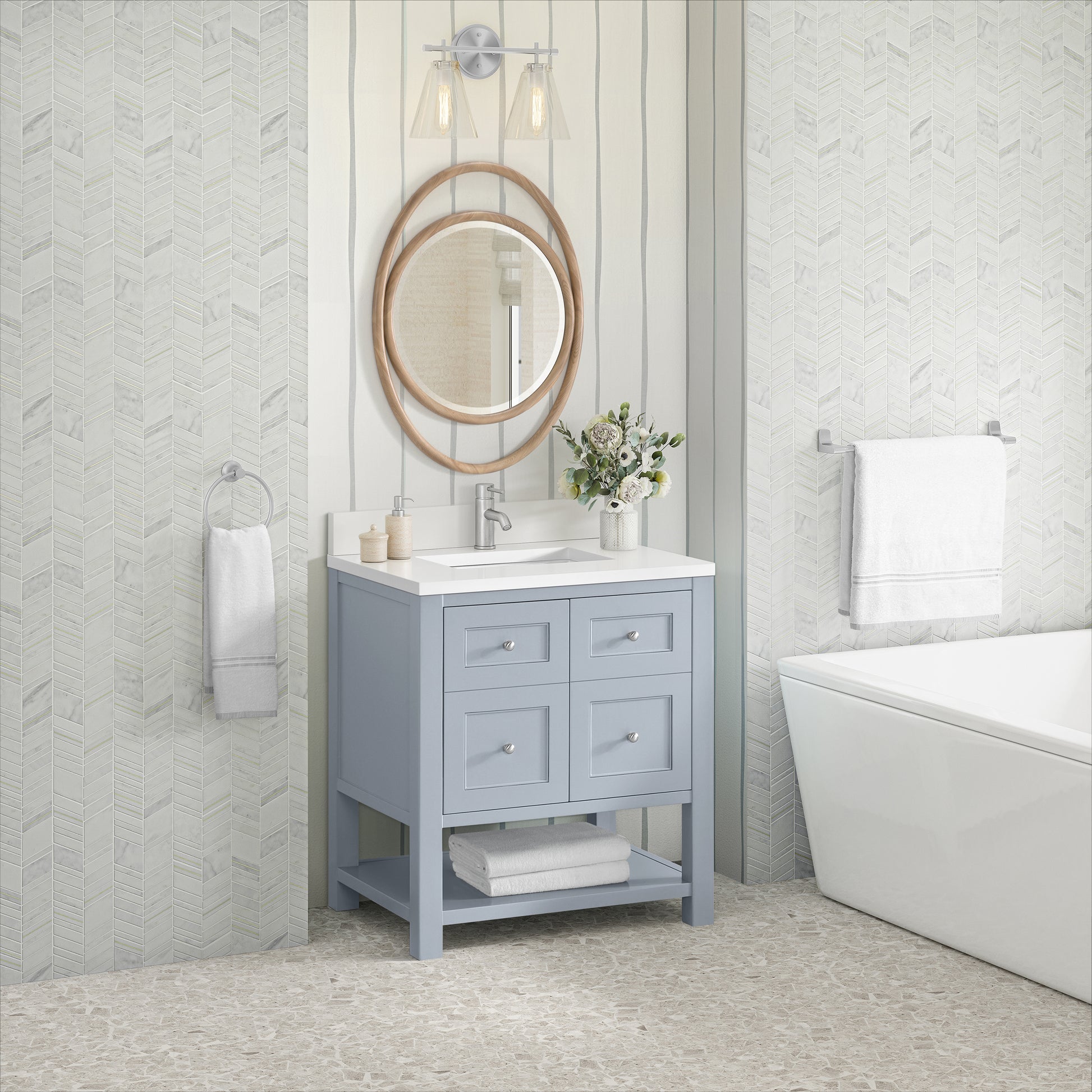 James Martin Vanities Breckenridge 30" Serenity Blue Single Vanity With Single Hole 3cm White Zeus Quartz Top and Backsplash