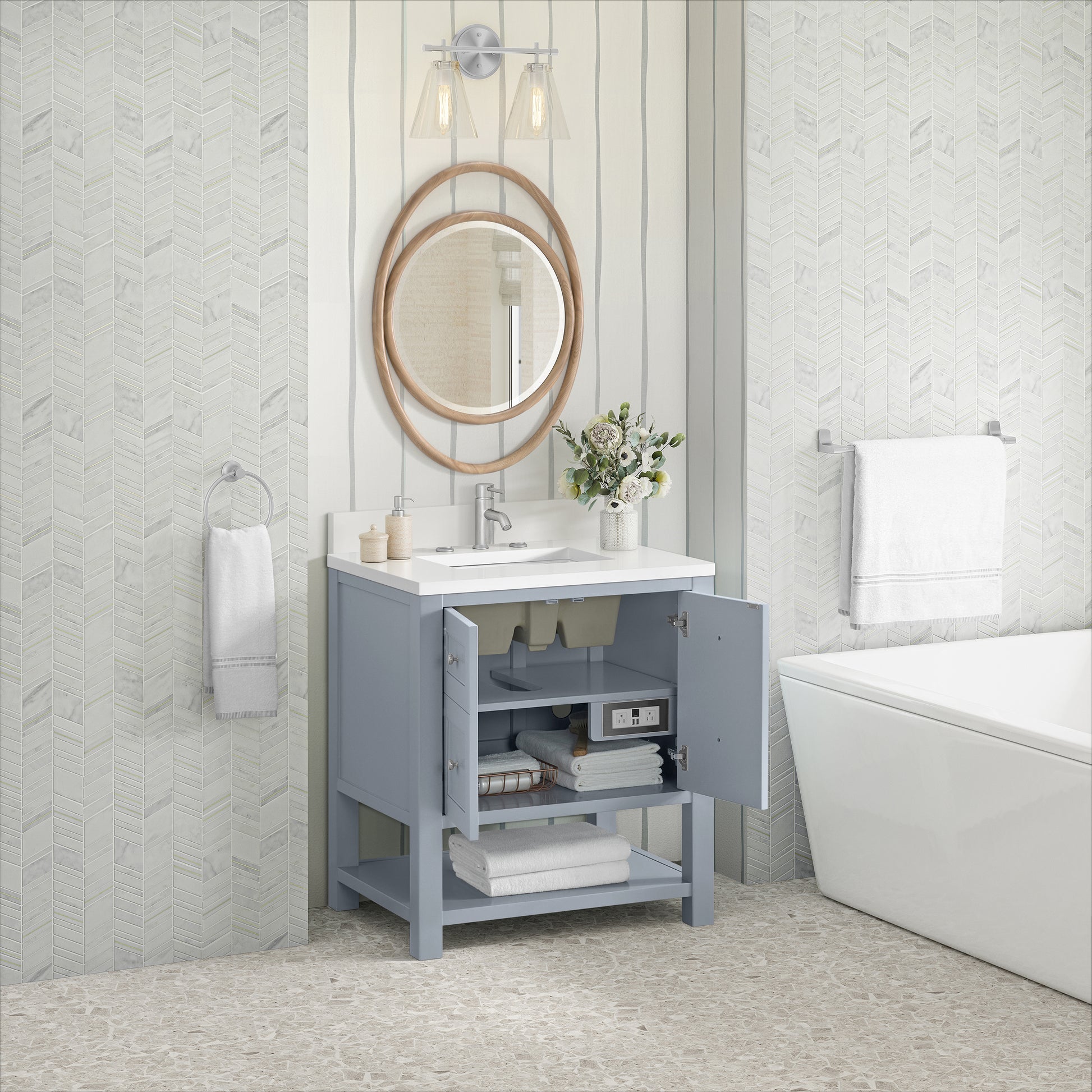 James Martin Vanities Breckenridge 30" Serenity Blue Single Vanity With Single Hole 3cm White Zeus Quartz Top and Backsplash