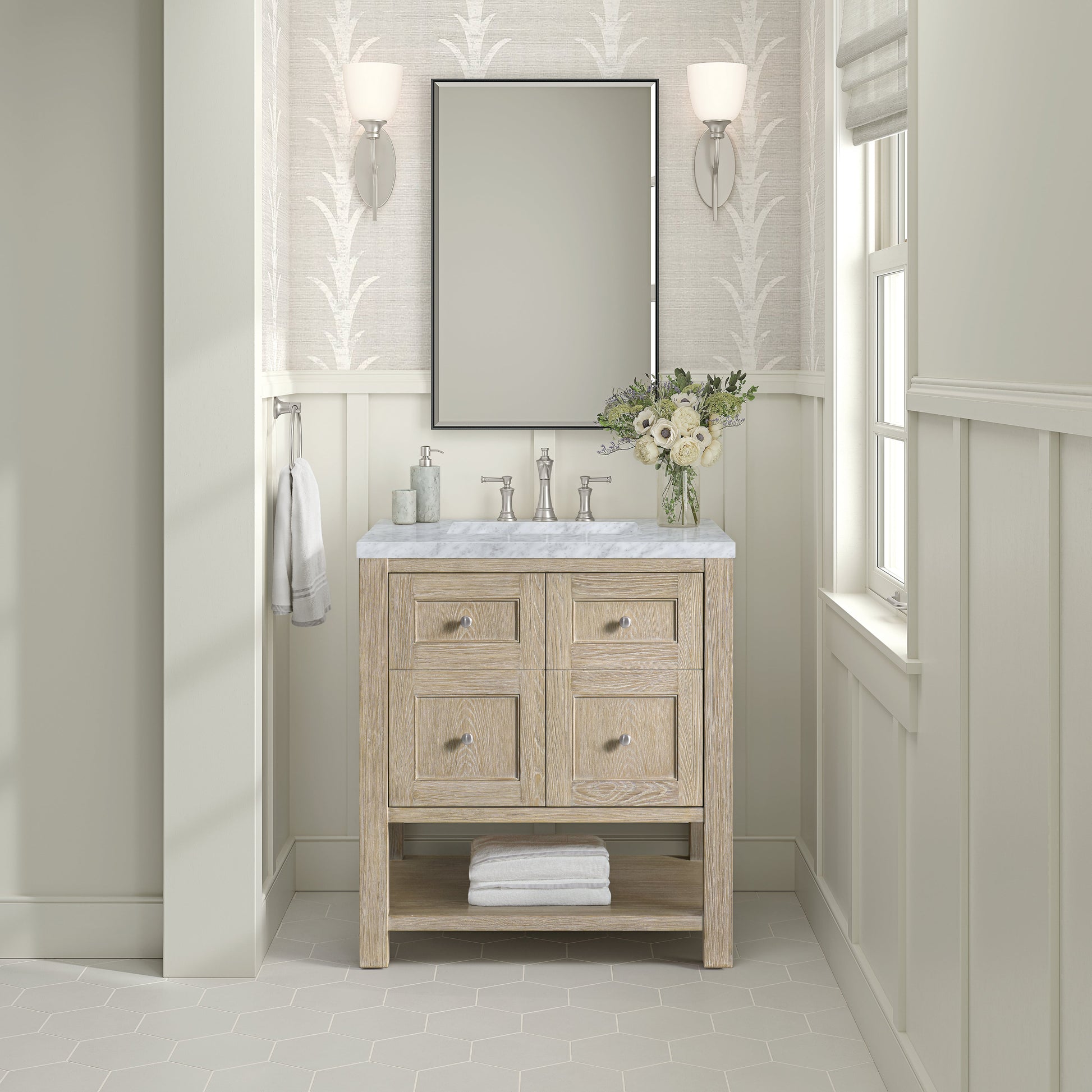 James Martin Vanities Breckenridge 30" Whitewashed Oak Single Vanity With 3 cm Carrara White Marble Top